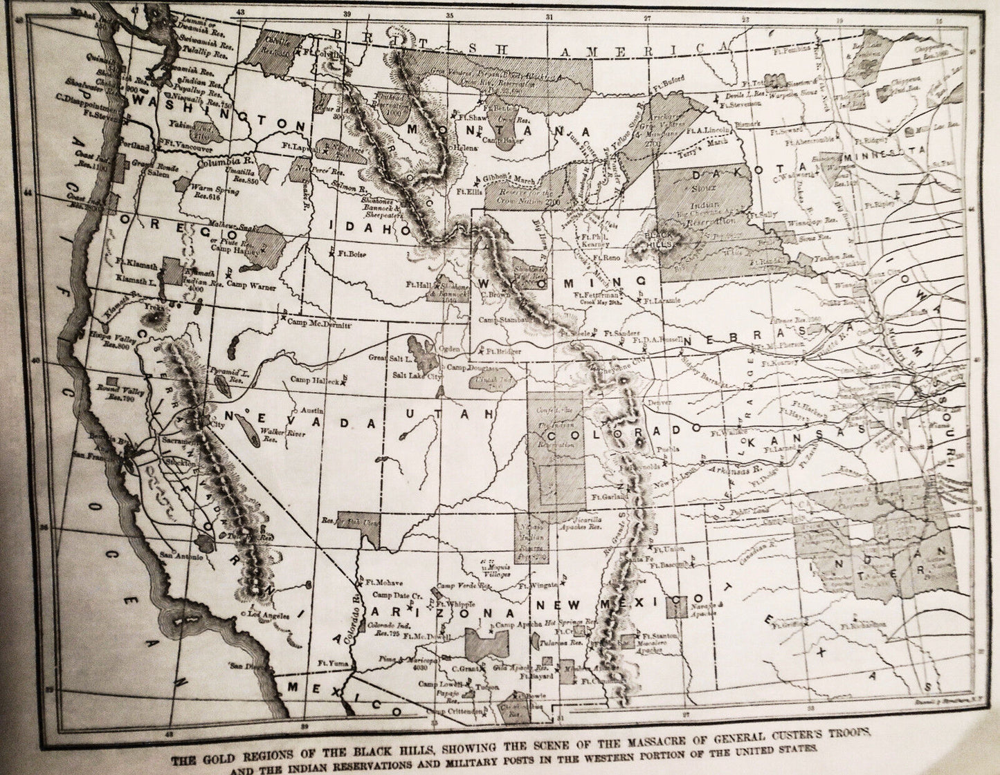 1876 Gold Regions of Black Hills, Scene of Massacre of General Custer's Troops