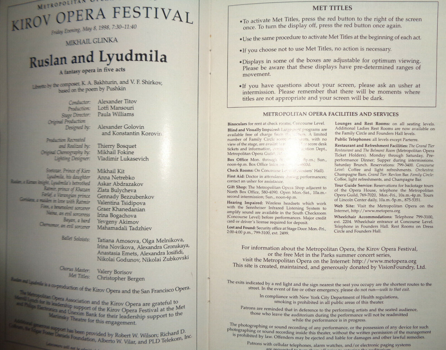 RUSLAN AND LYUDMILA - METROPOLITAN OPERA STAGEBILL - MAY 8, 1998