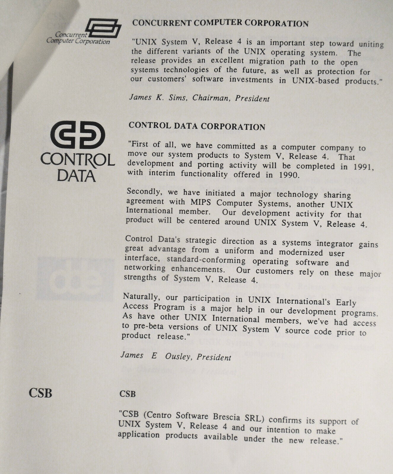 1989 Statements of support by 172 companies for UNIX System V, Release 4