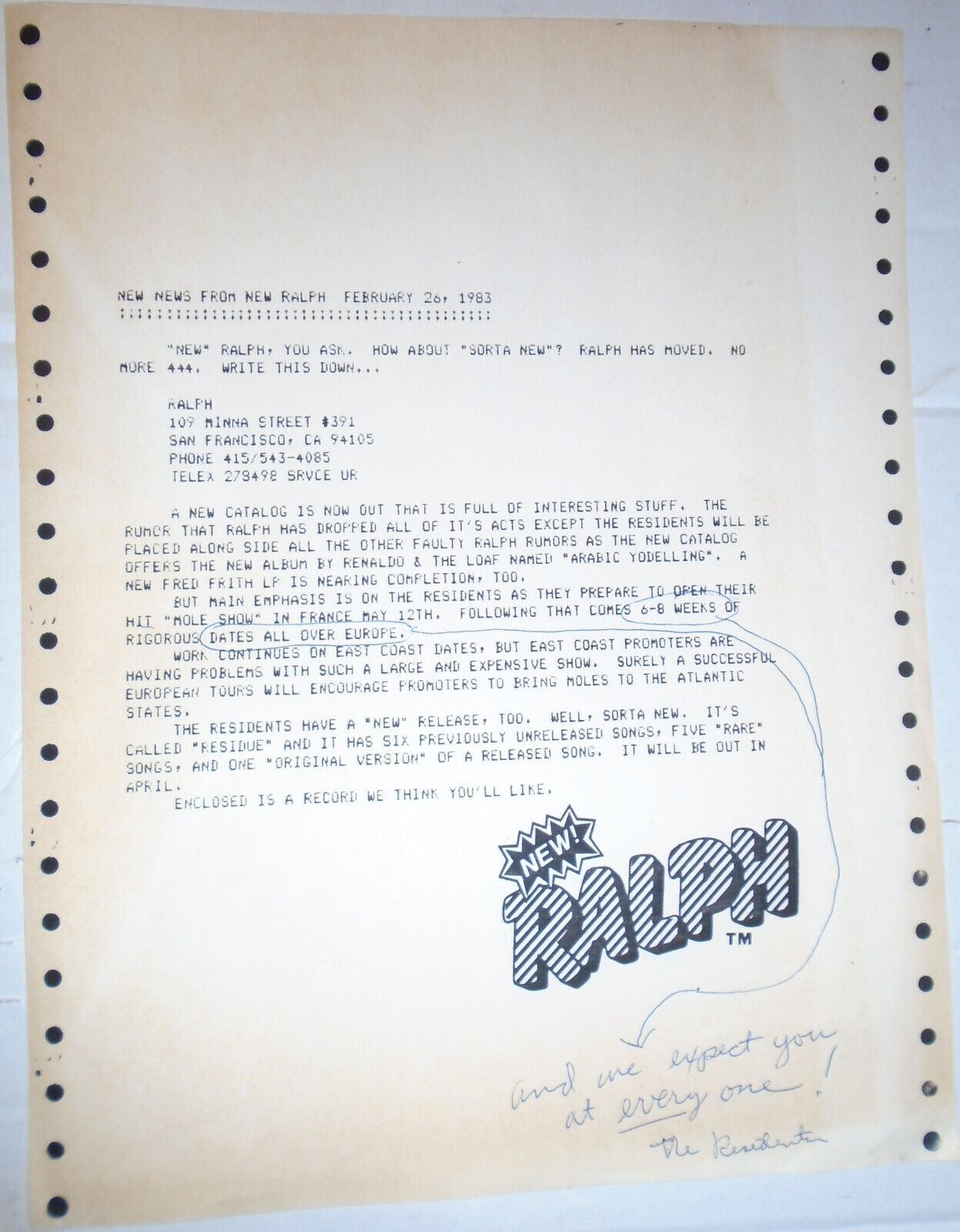 Hardy Fox inscribed press release, 1983 - SIGNED "The Residents"