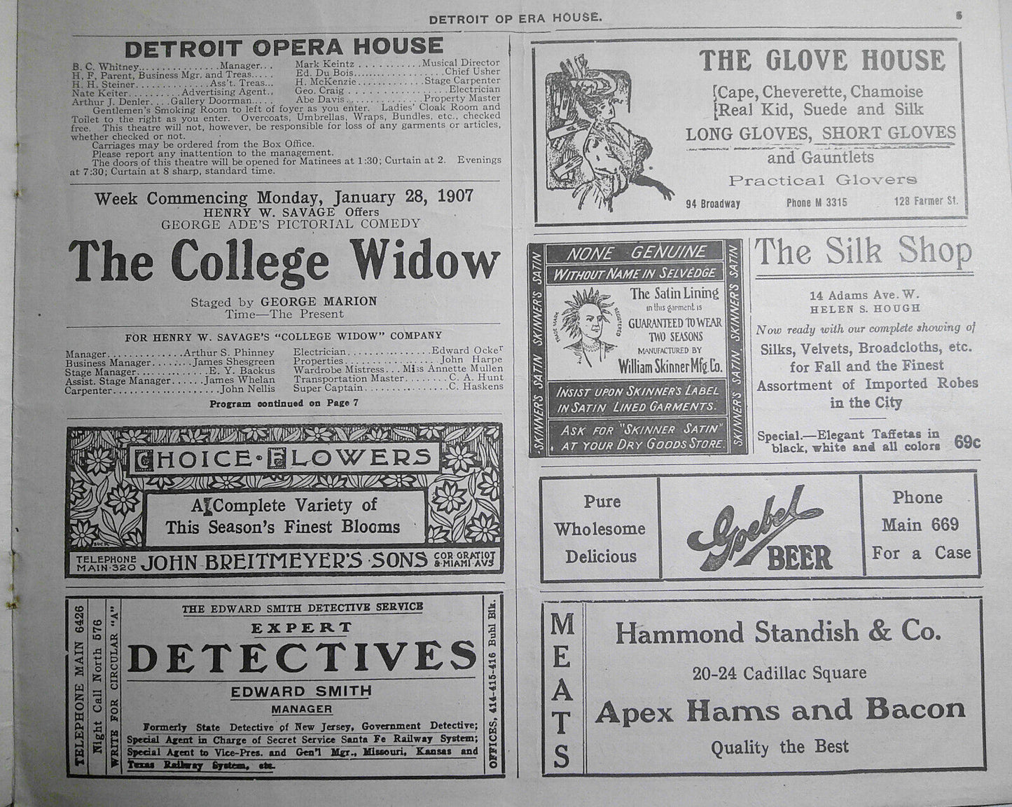 1907 "The College Widow" program - Detroit Opera House - with early Cadillac ad