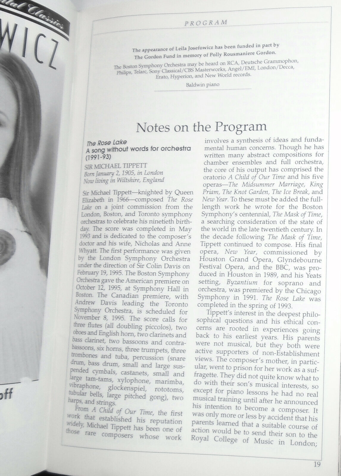 Boston Symphony Carnegie Hall Stagebill - October I8 / 19, 1995 Leila Josefowicz