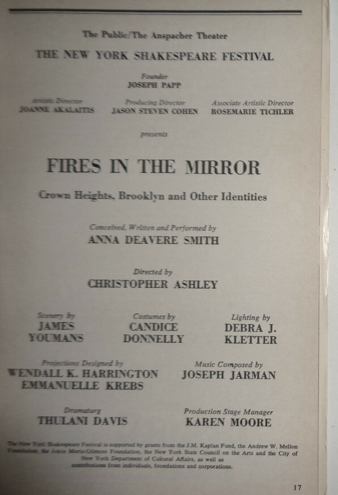 FIRES IN THE MIRROR CROWN HEIGHTS, BROOKLYN AND OTHER IDENTITIES - PLAYBILL 1992