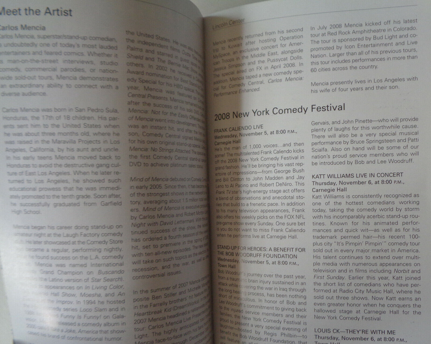 CARLOS MENCIA AT CLOSE RANGE - PLAYBILL - NOV. 7, 2008 Lincoln Center
