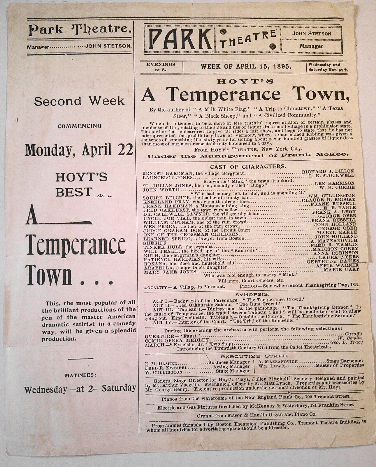 A Temperance Town : 6 Boston Theater program sections, 1892 - 1922