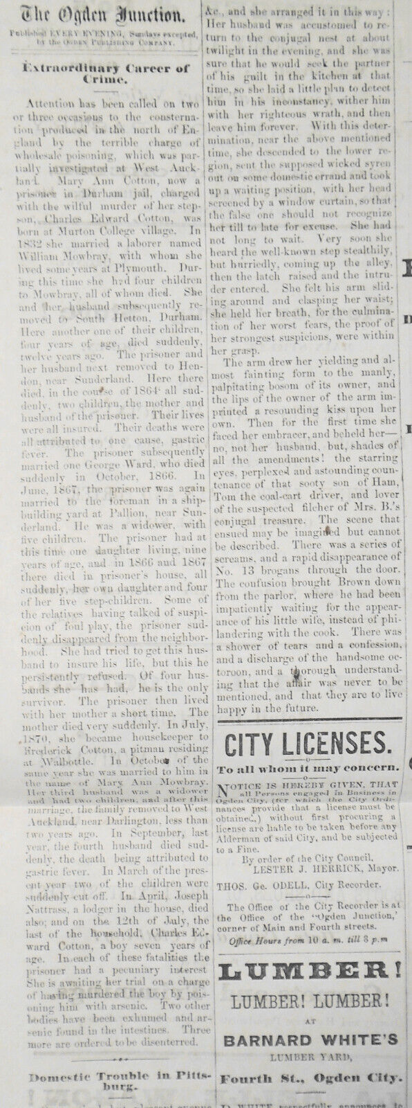 The Ogden Junction, November 15, 1872 - Utah - Extraordinary female crime life