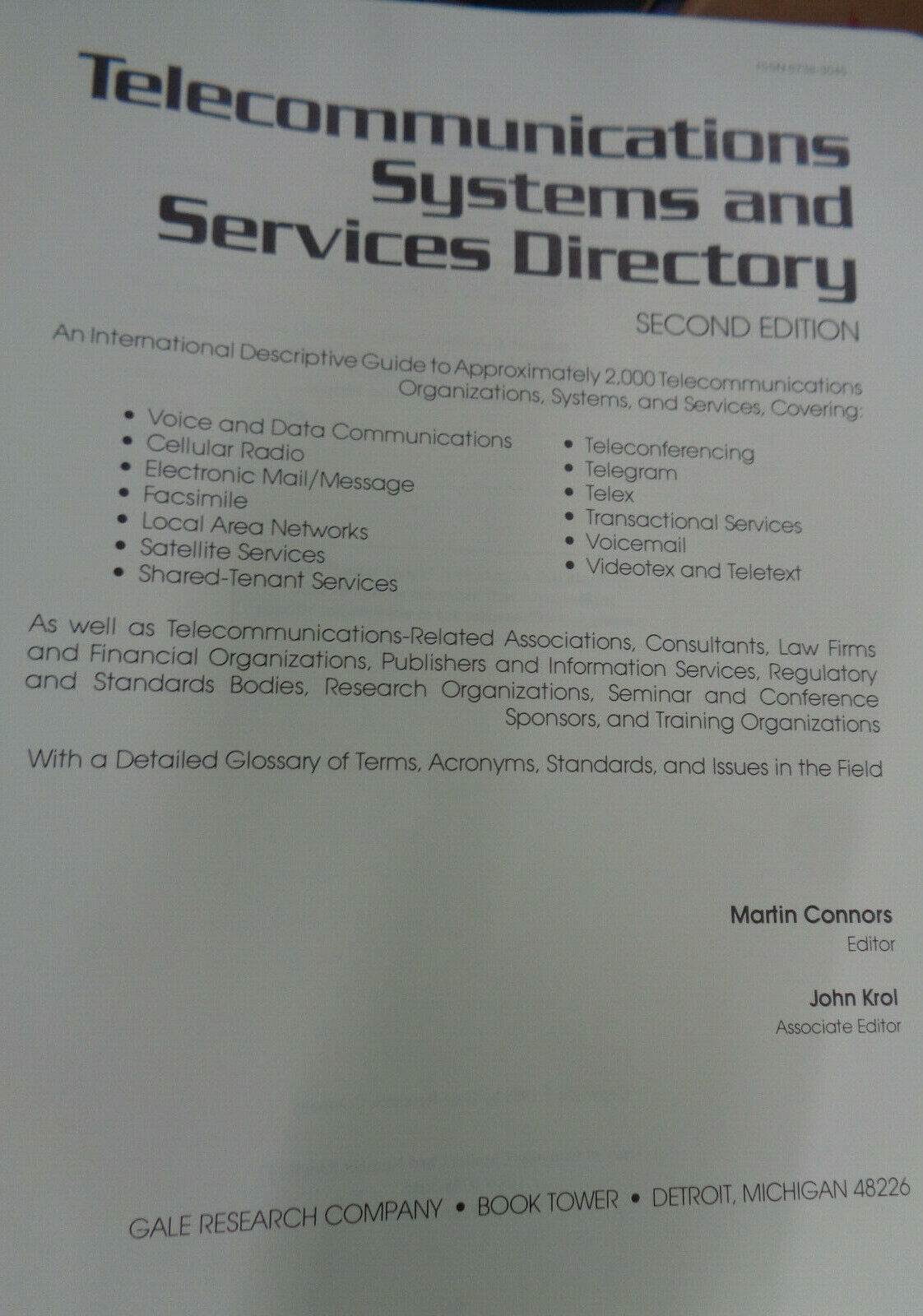 Telecommunications systems and services directory. 1985 Hardcover. Gale Research