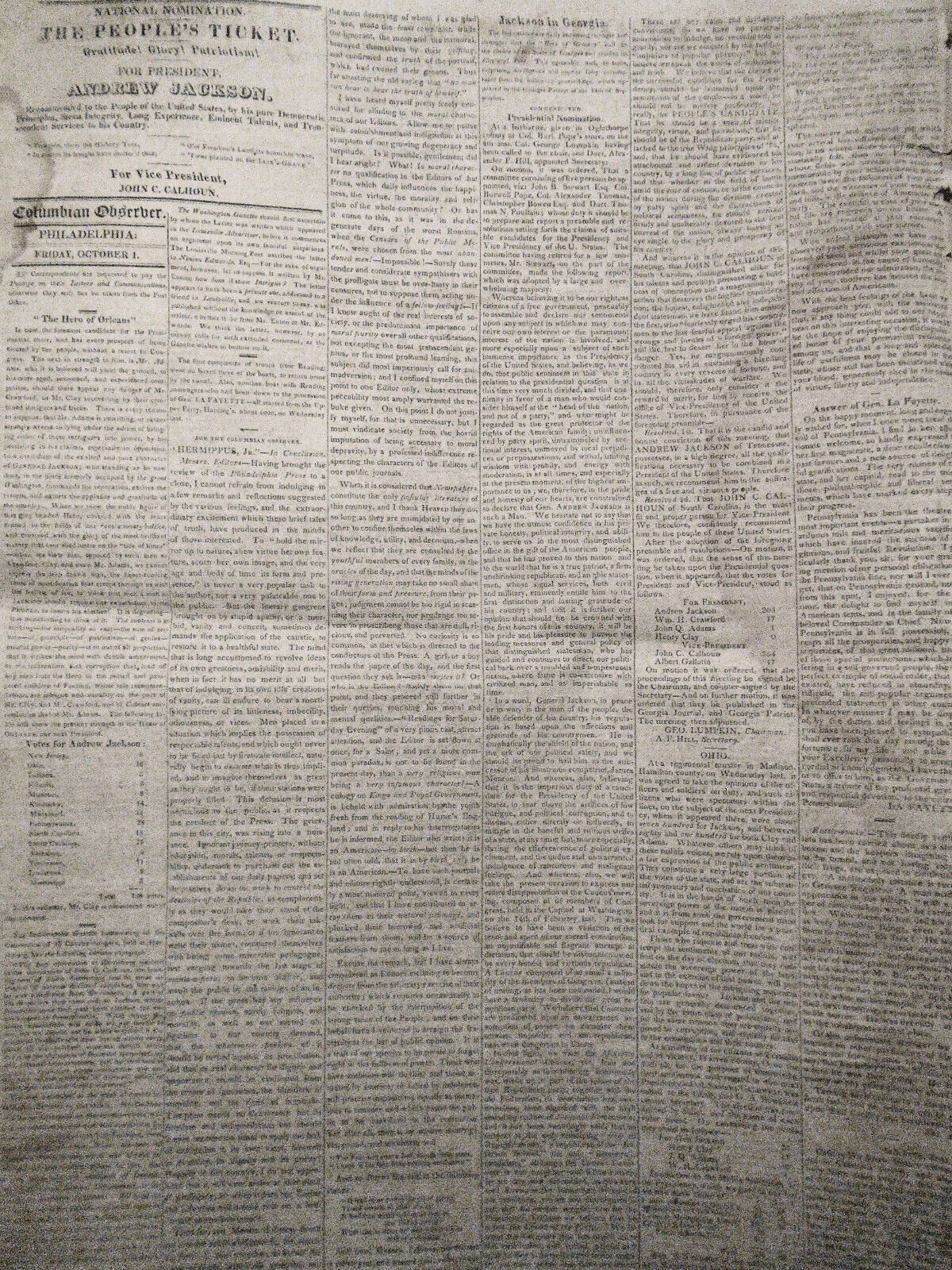 Columbian Observer, October 1, 1824 - Lafayette tribute & answer; Andrew Jackson