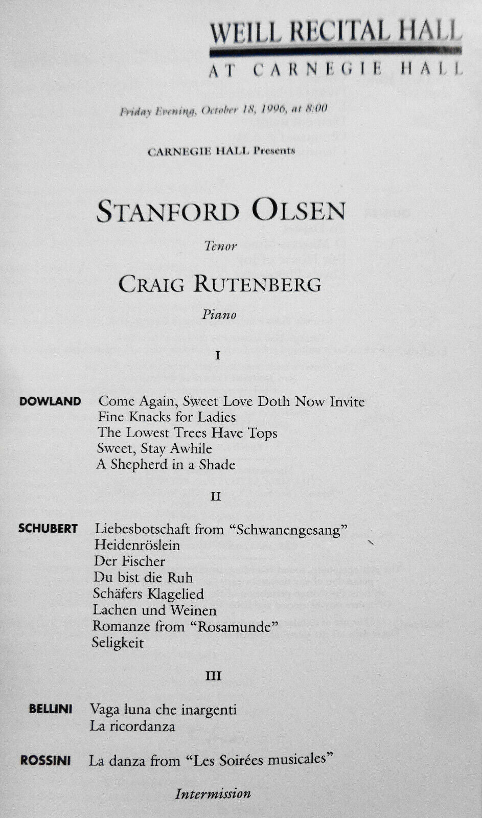 STANFORD OLSEN (TENOR) CRAIG RUTENBERG (PIANO) - Carnegie Hall Stagebill - 1996