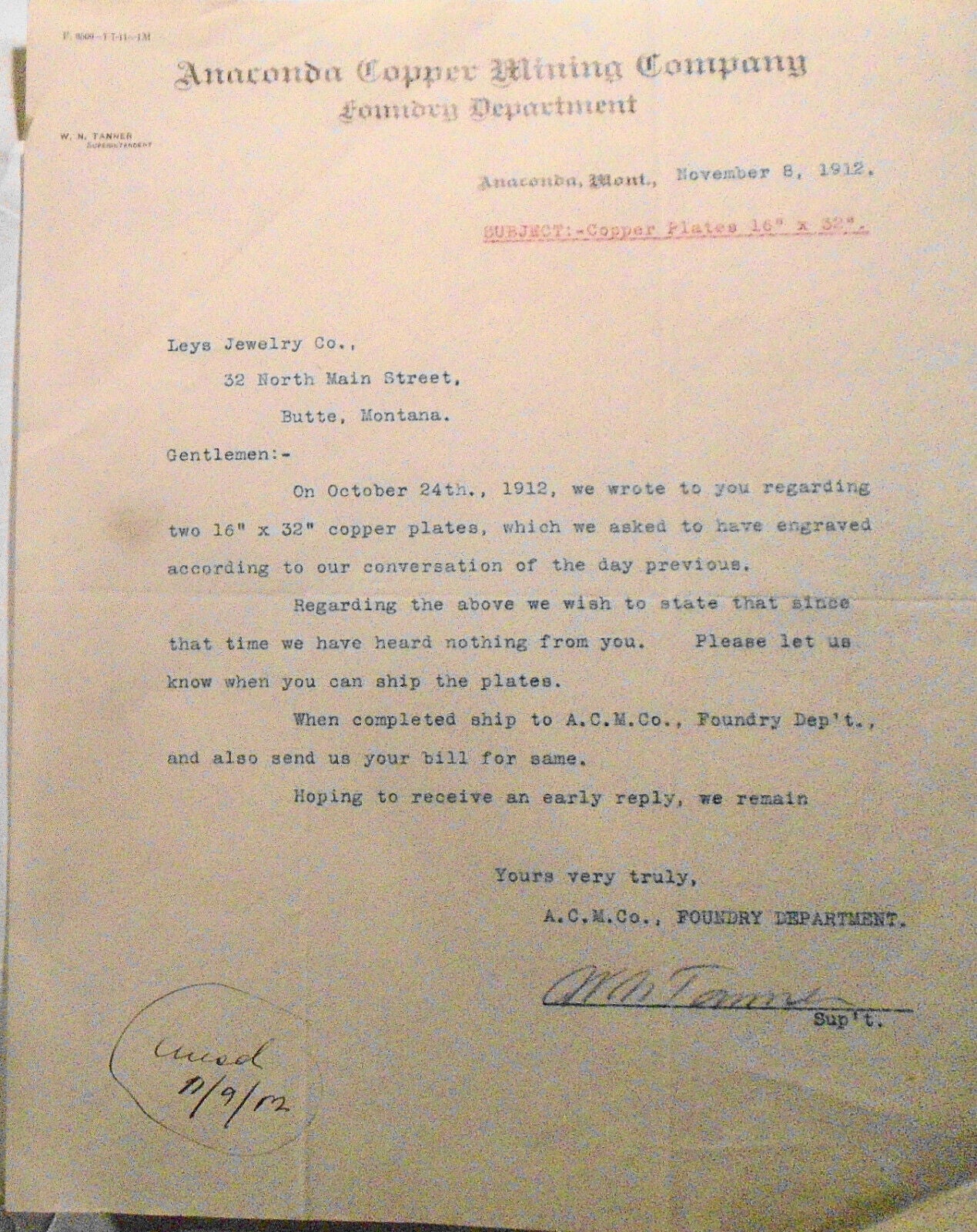 2 1912 letters: Anaconda Copper Mining Company Butte, MT - re: Leys Jewelry Co.