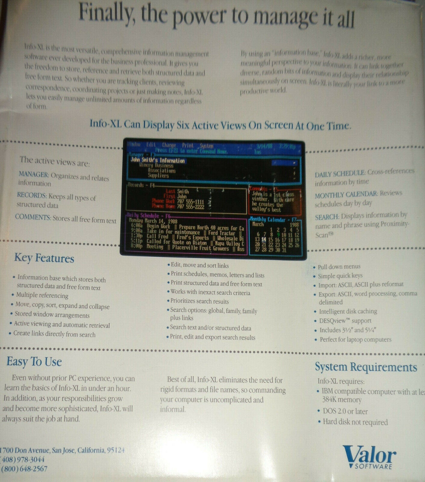 Info-XL, by Valor Software. Information management for IBM & compatible PCs 1988