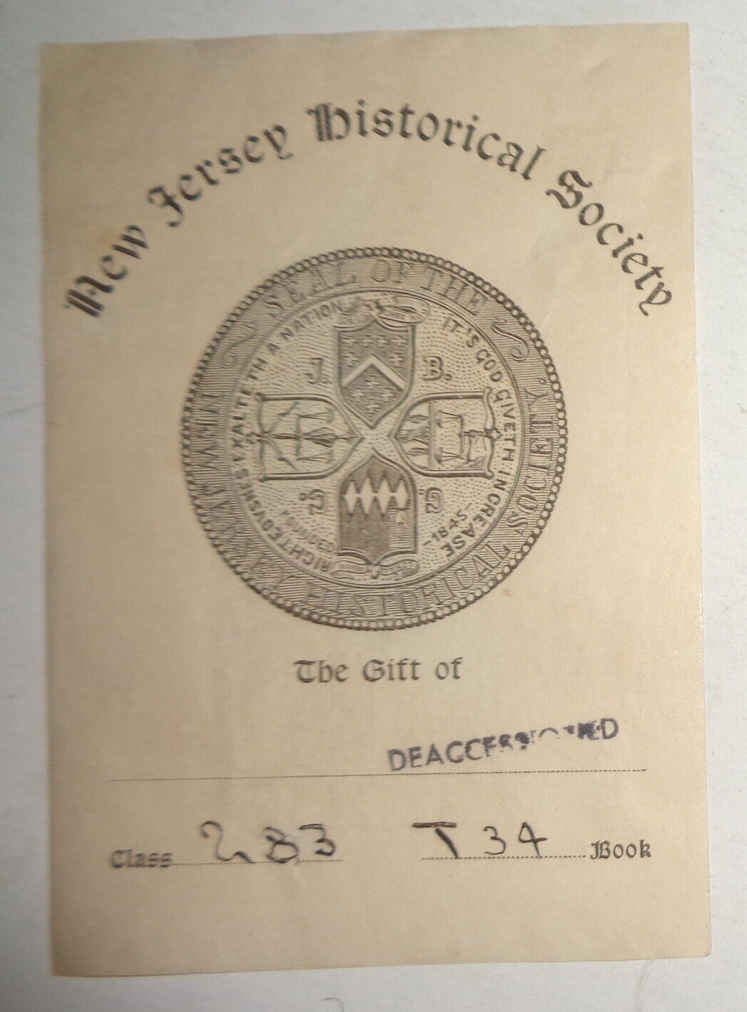 New Jersey Historical Society, Bookplate - 19th century