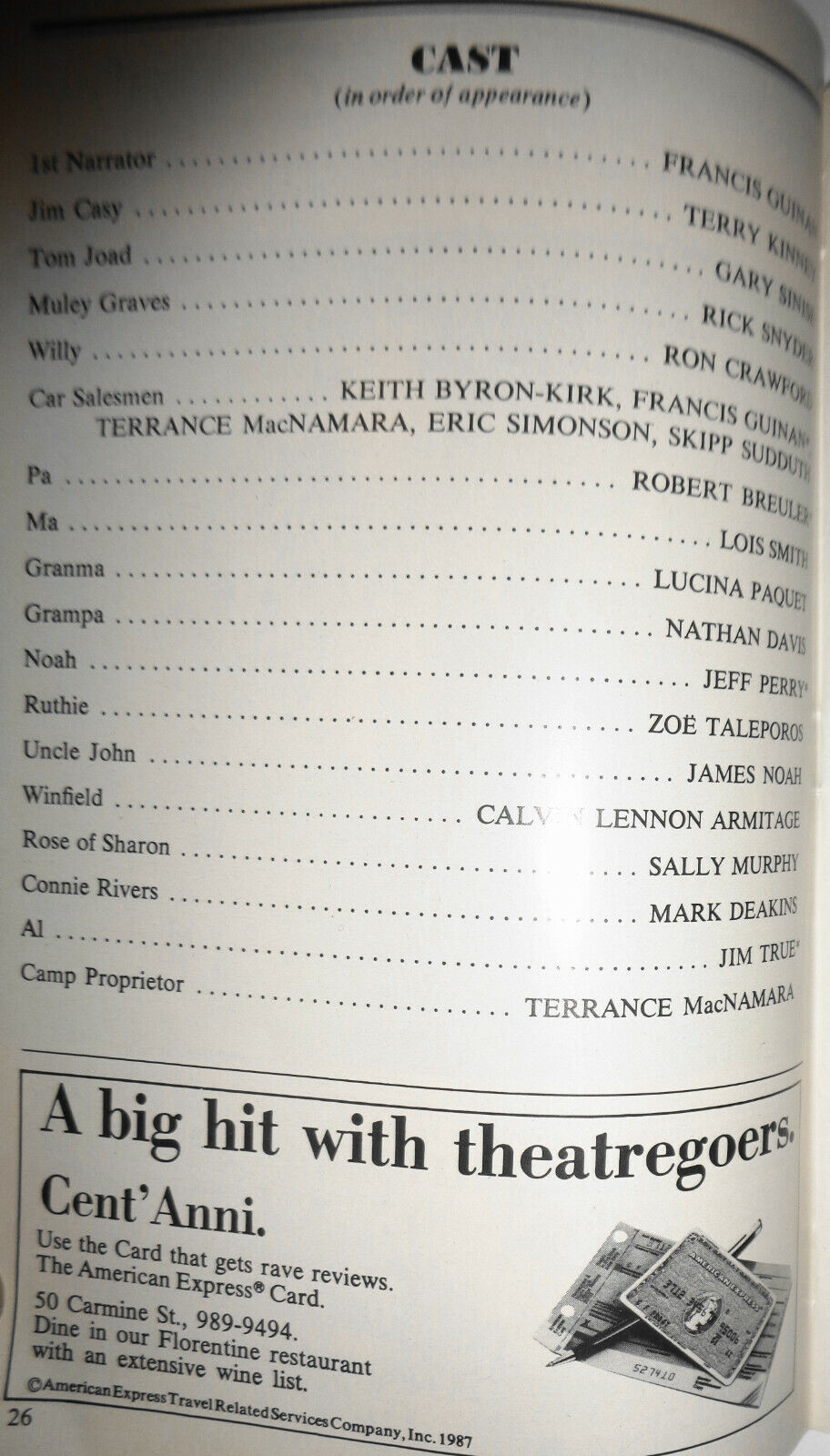 THE GRAPES OF WRATH - OPENING NIGHT PLAYBILL - MARCH 22, 1990 CORT THEATRE