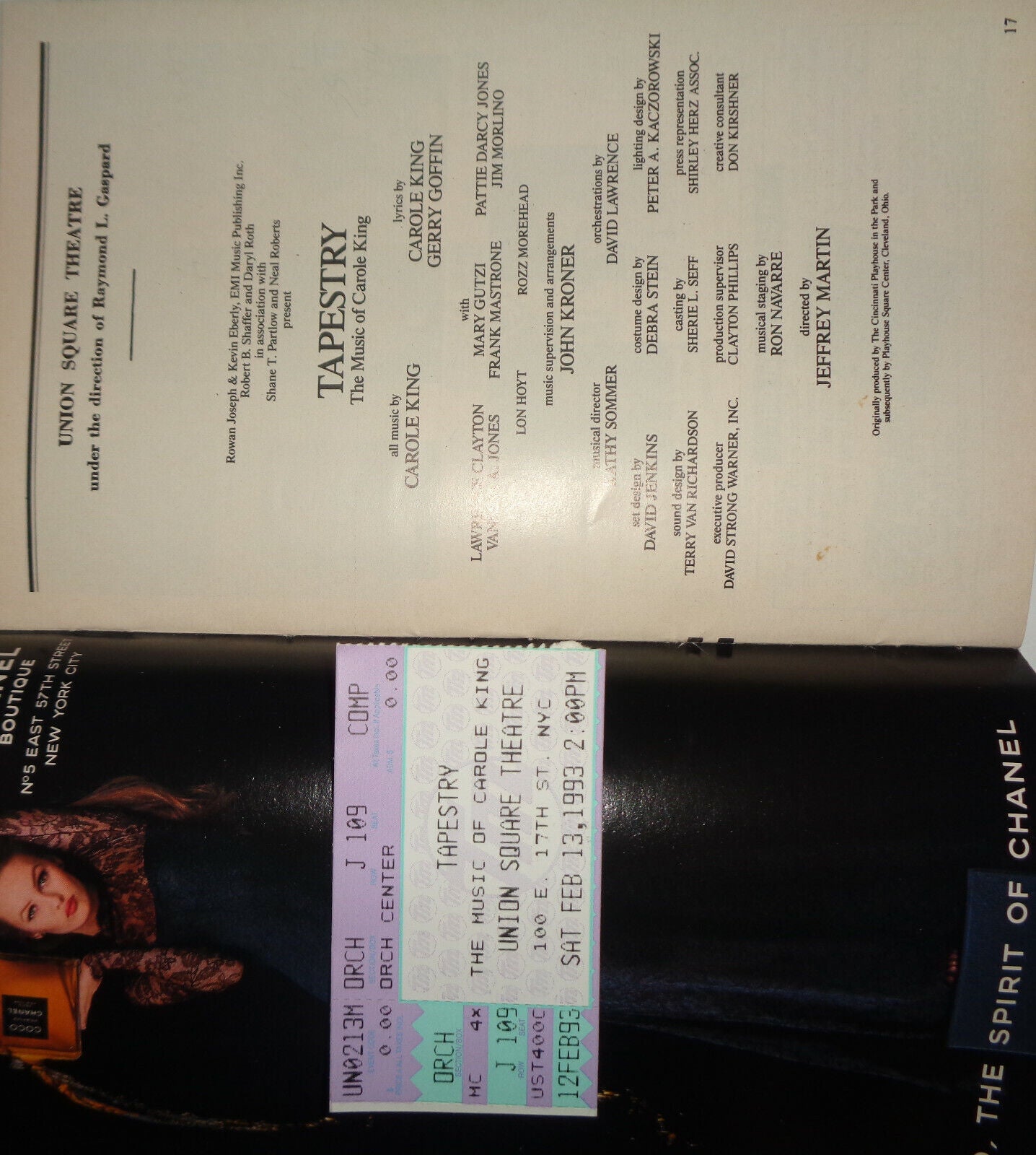 TAPESTRY - THE MUSIC OF CAROLE KING - PLAYBILL - FEB 1993 with ticket stub