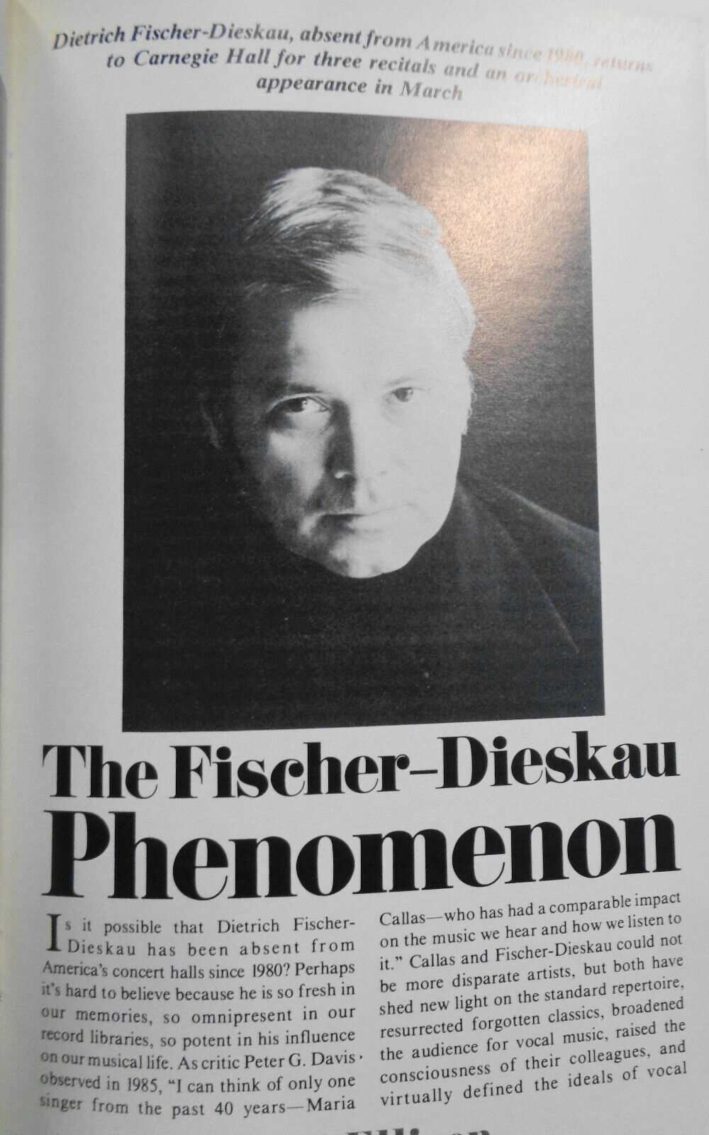 DIETRICH FISCHER-DIESKAU (BARITONE) / HARTMUT HOELL 1988 Carnegie Hall Stagebill