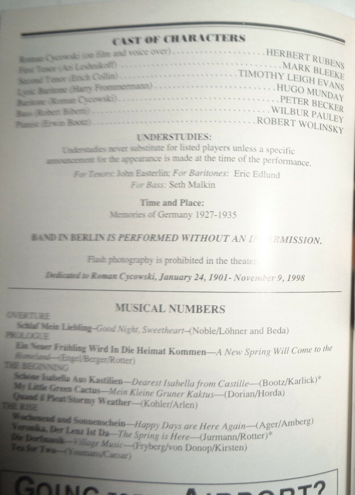 BAND IN BERLIN - PLAYBILL - OPENING NIGHT MARCH 7, 1999 Helen Hayes Theatre