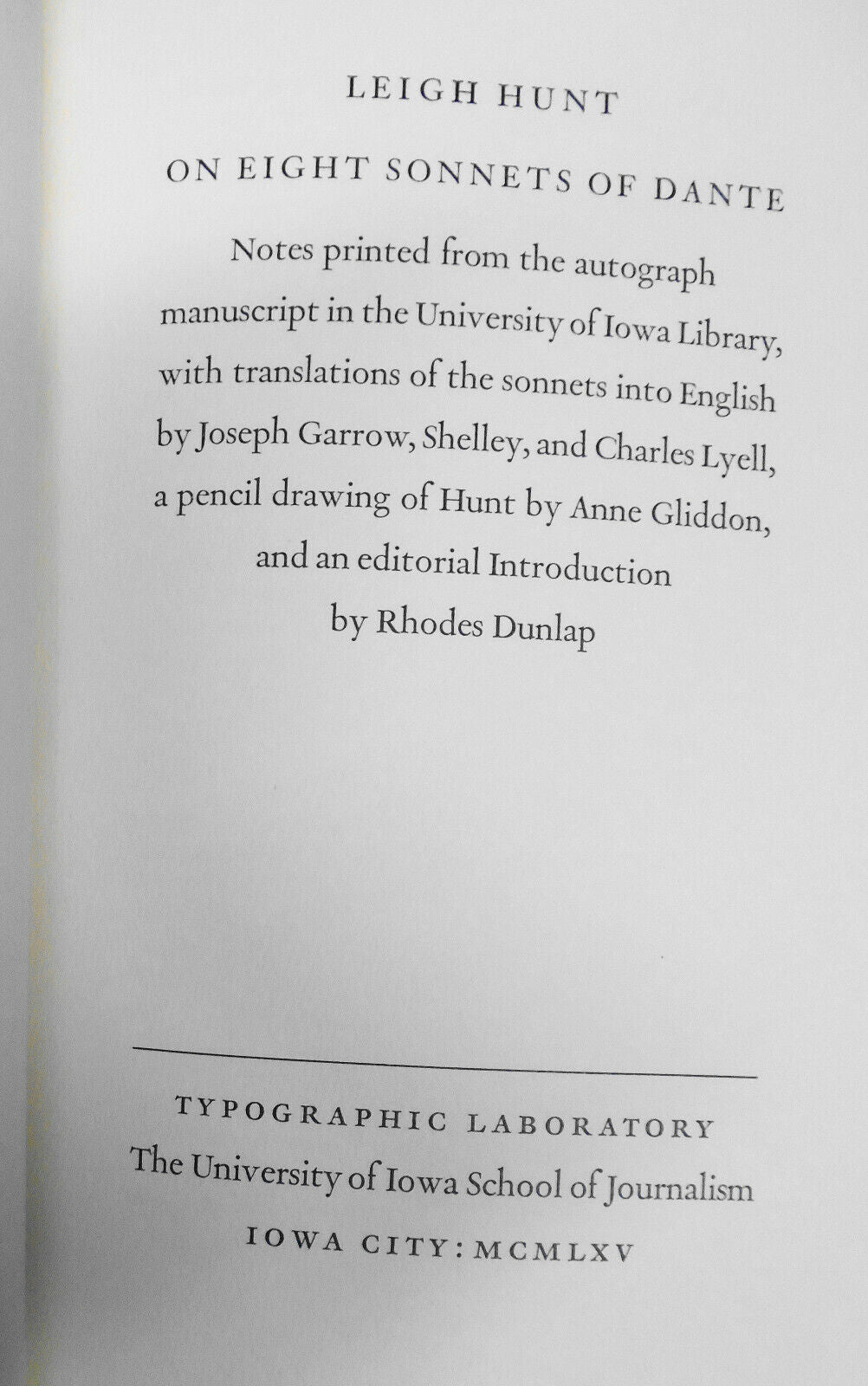 Leigh Hunt : On eight sonnets of Dante. 1965