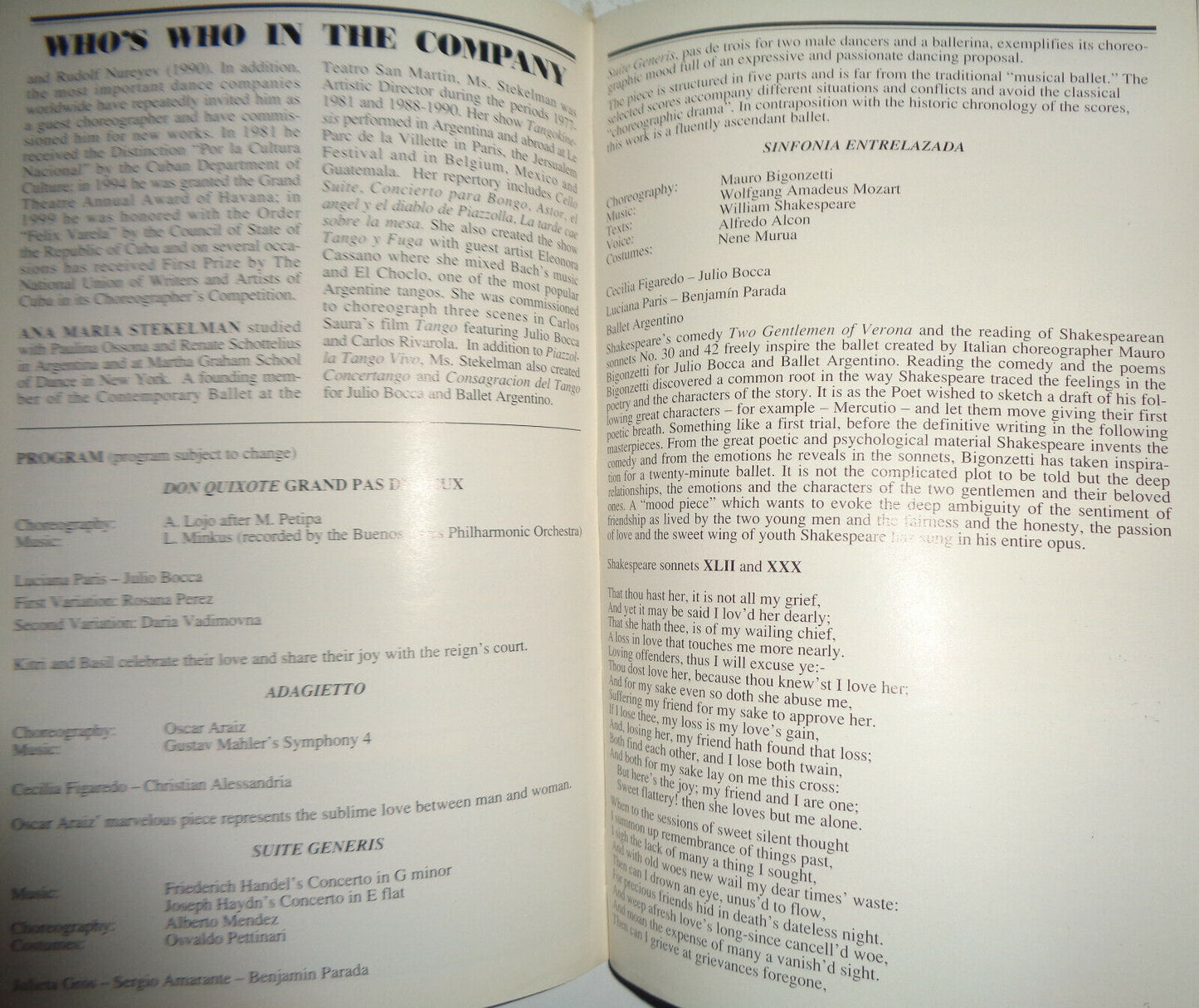 JULIO BOCCA & BALLET ARGENTINO - PLAYBILL - OCTOBER 31, 2000