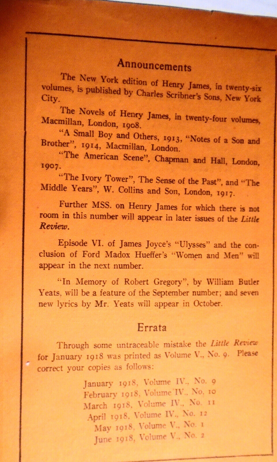The Little Review, August 1918. Henry James Number, Ezra Pound, T. S. Eliot.