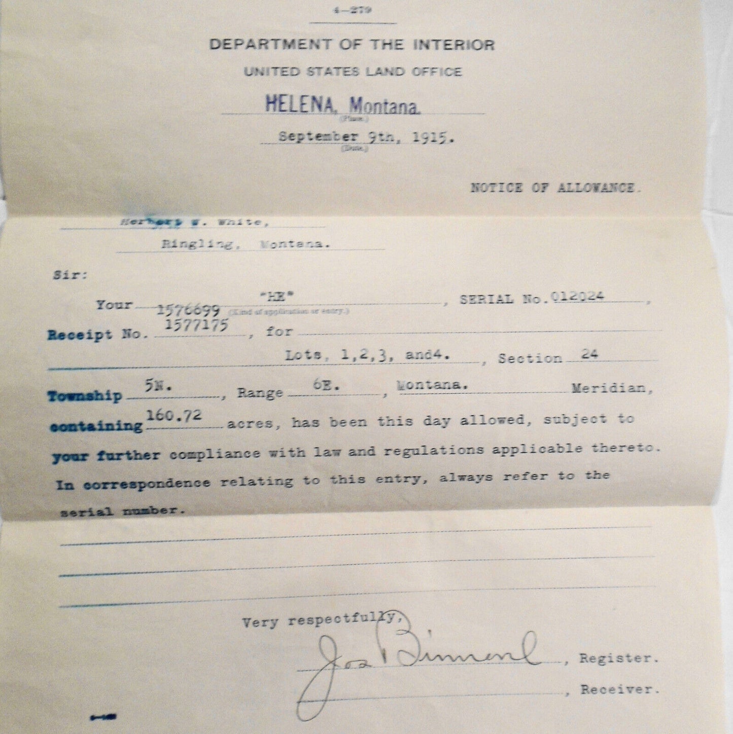 1915 Notice of Allowance, Department of the Interior Land Office, Helena Montana