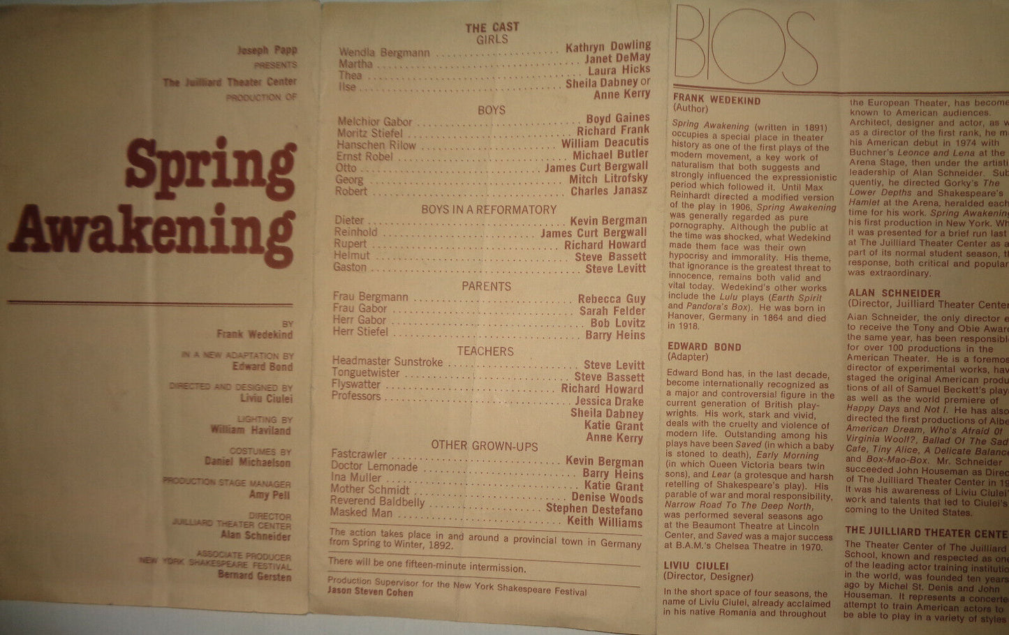 Spring Awakening - 1977 Program Juilliard Production Joseph Papp Public Theater