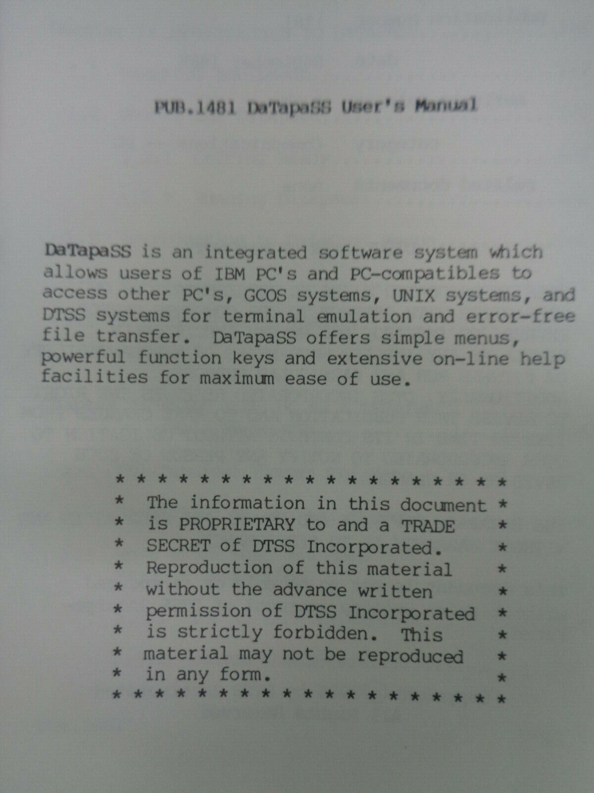 DaTapaSS, by DTSS, Inc, 1985 Terminal emulation & file transfer software. Unused