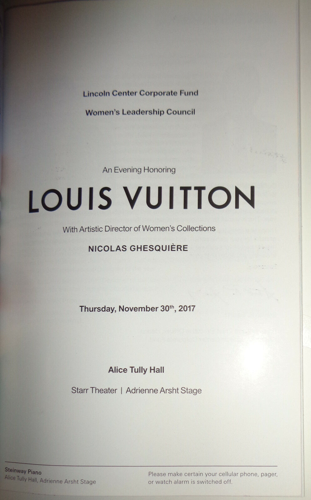 An Evening Honoring Louis Vuitton, Playbill, Lincoln Center, November 30, 2017