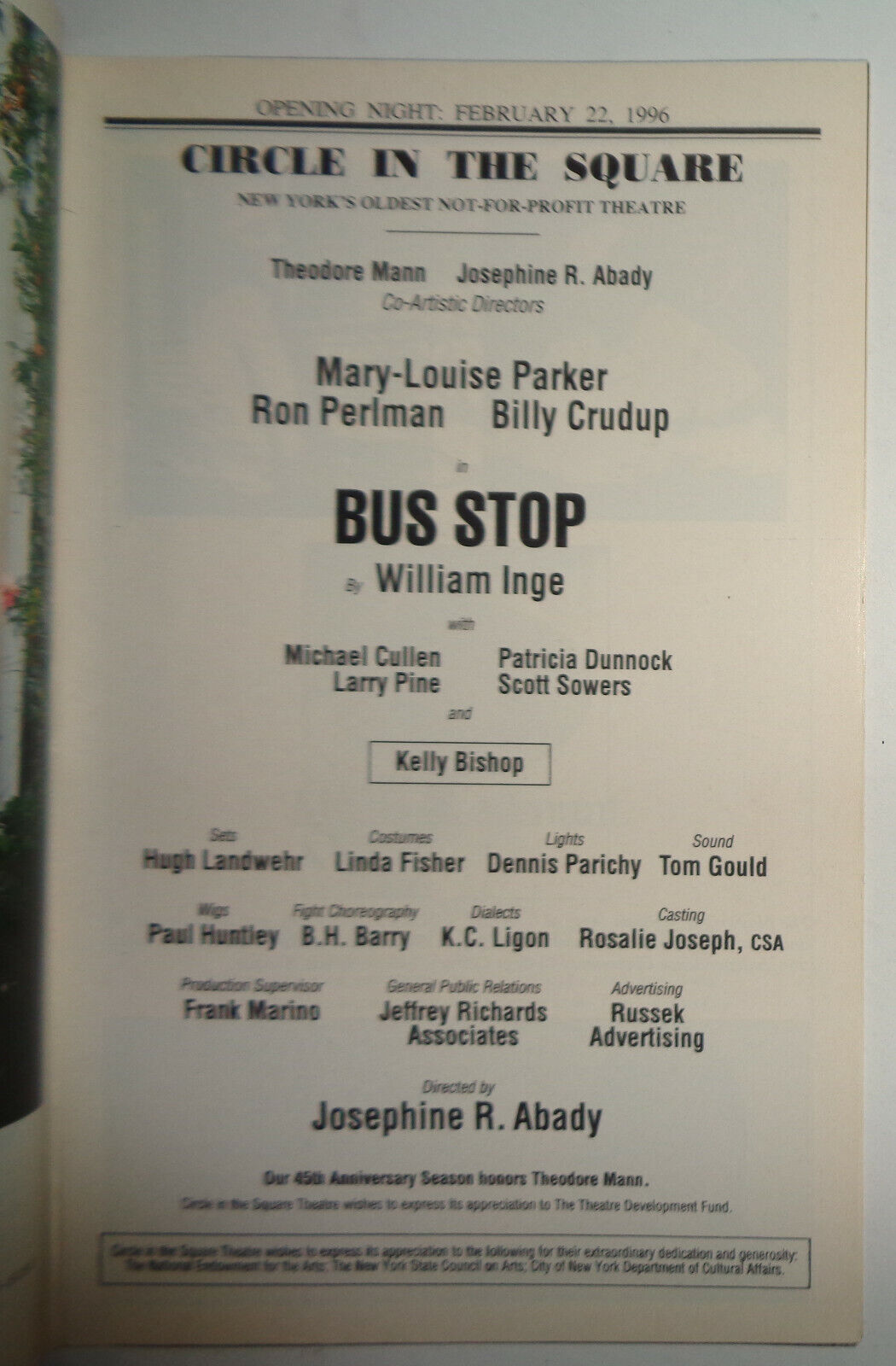 BUS STOP - PLAYBILL - OPENING NIGHT: FEBRUARY 22, 1996. Mary-Louise Parker..