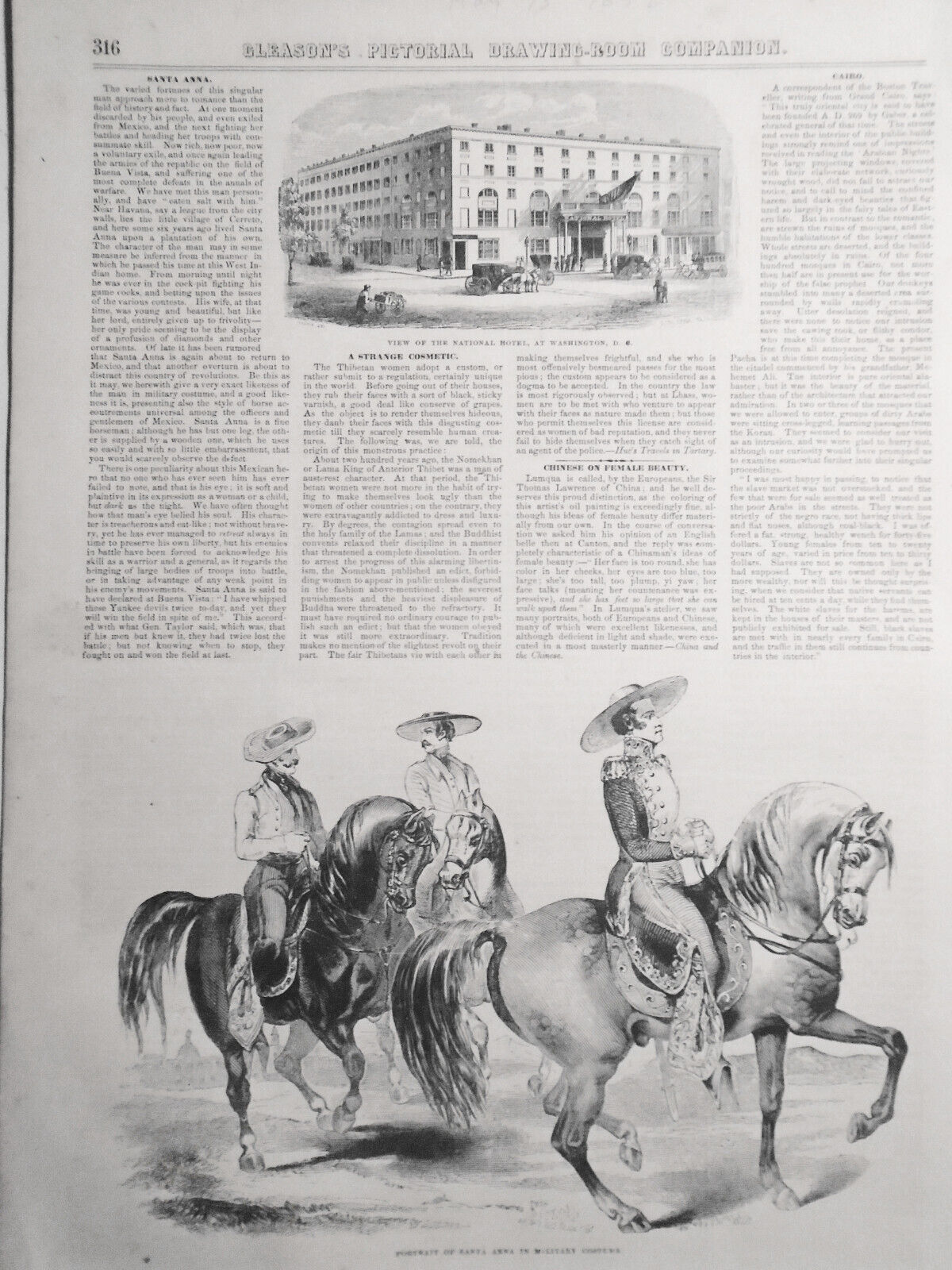 Santa Anna + National Hotel, Washington, DC - Gleason's Pictorial May 15, 1852