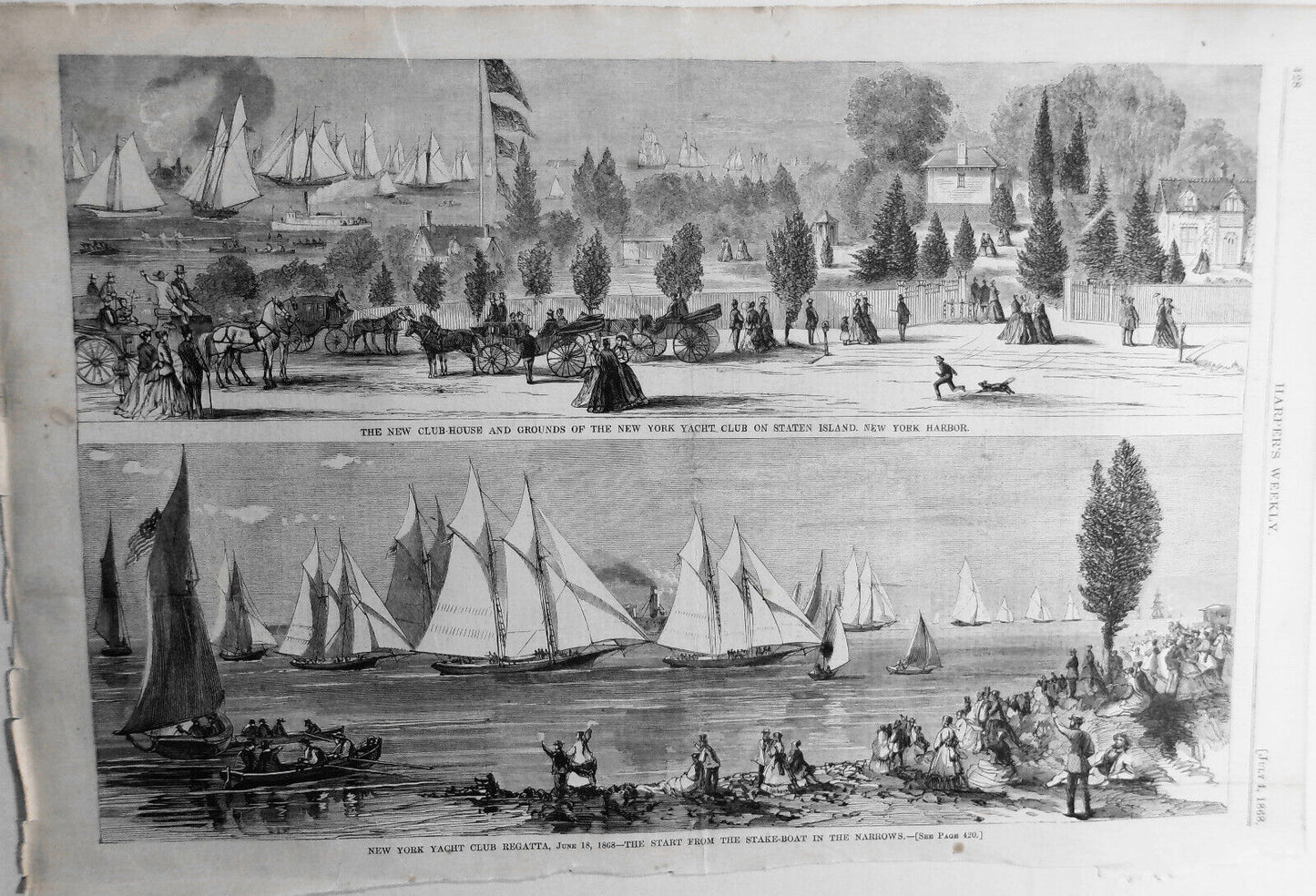 New York Yacht Club & its Regatta - 2 original prints from Harper's Weekly, 1868
