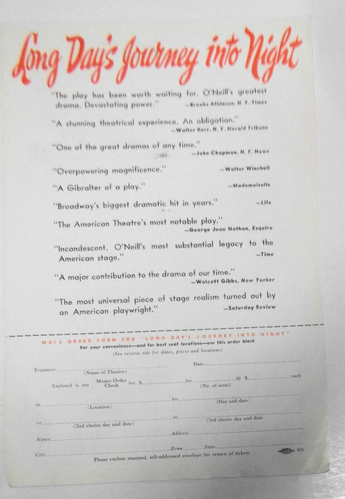 O'Neill, Long Day's Journey Into Night Flyer - American Theatre, St. Louis 1958