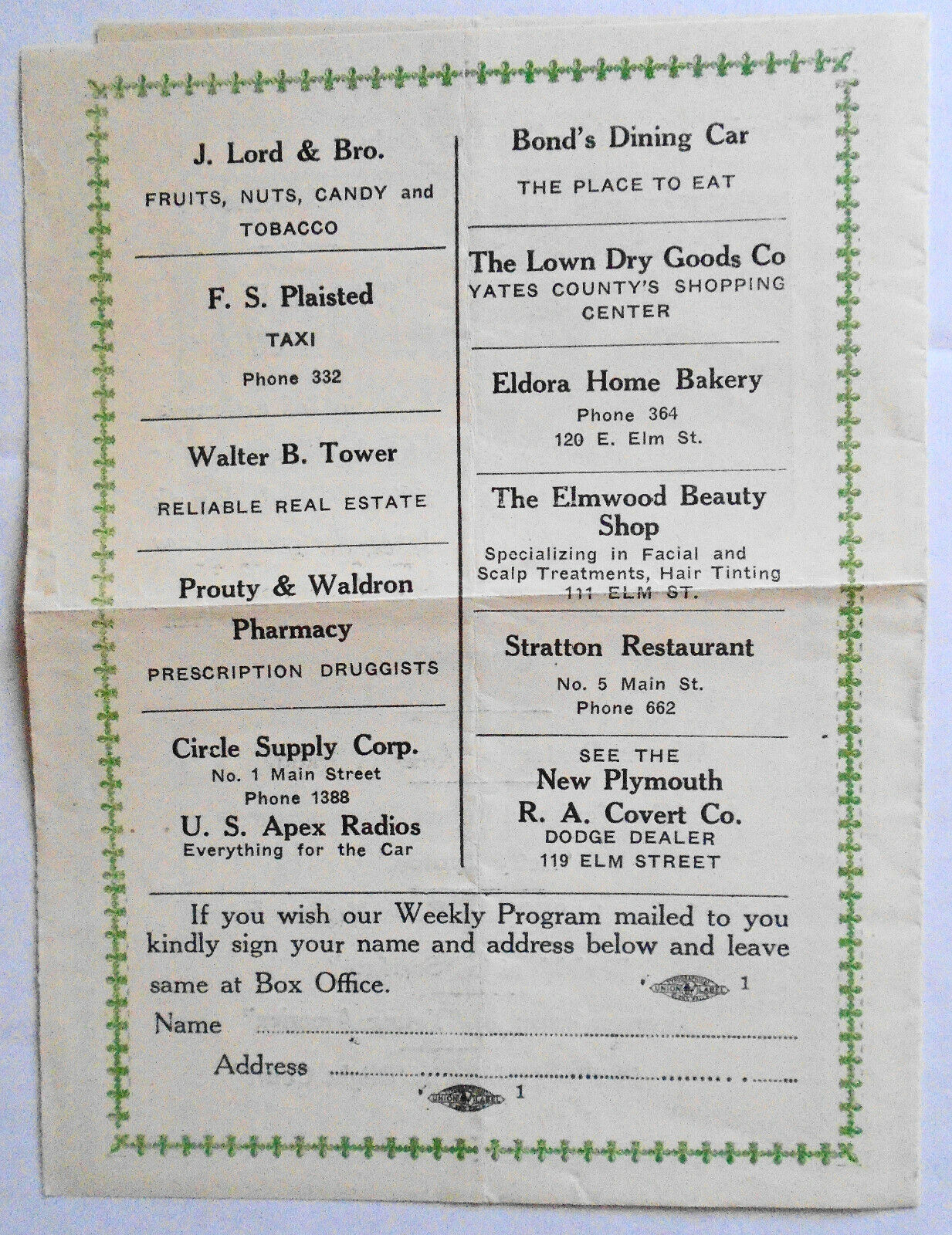 Elmwood Theatre Program, 1932. Arrowsmith; Wet Parade; Range Feud.