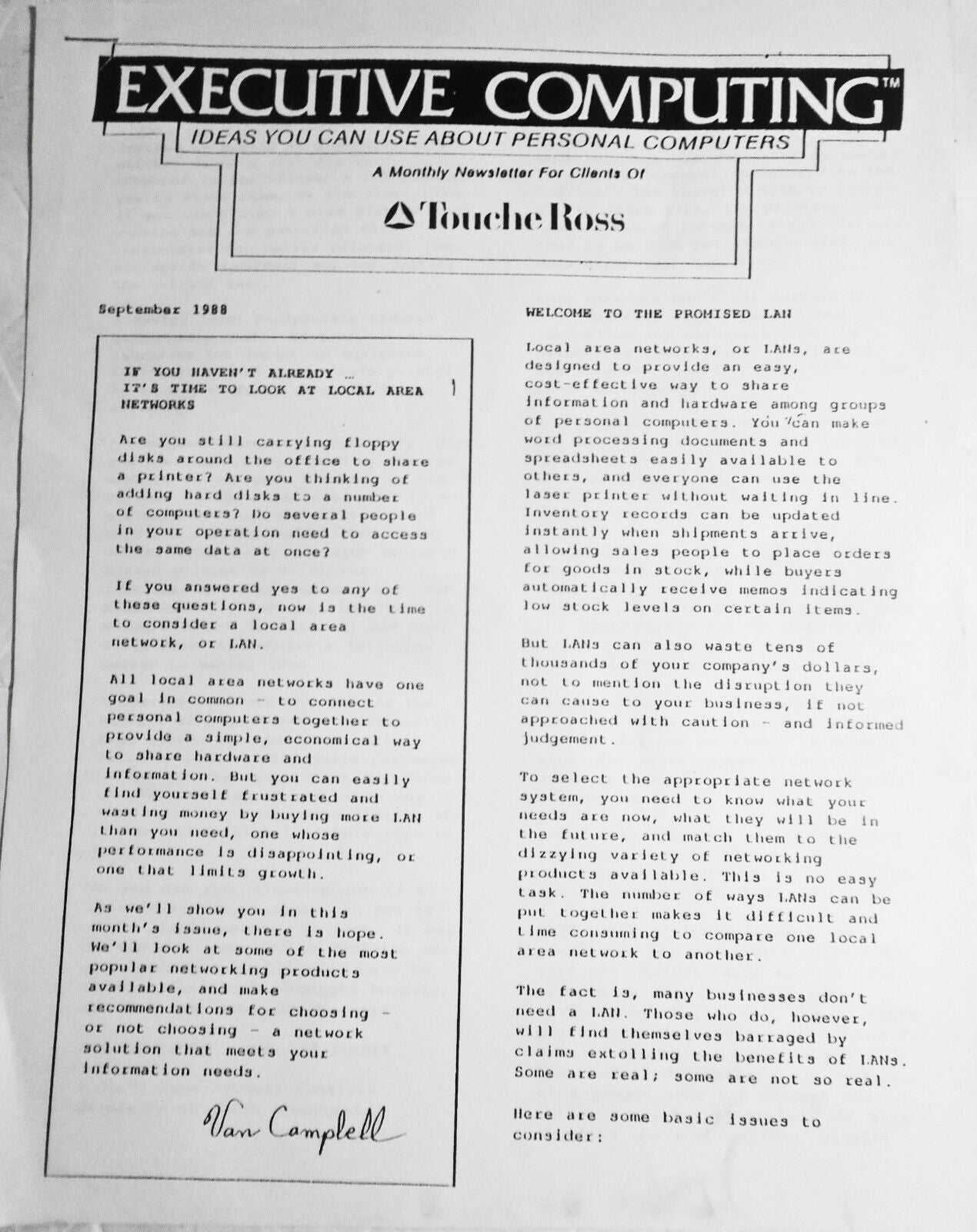 Executive Computing, September 1988. Touche Ross monthly Newsletter for clients