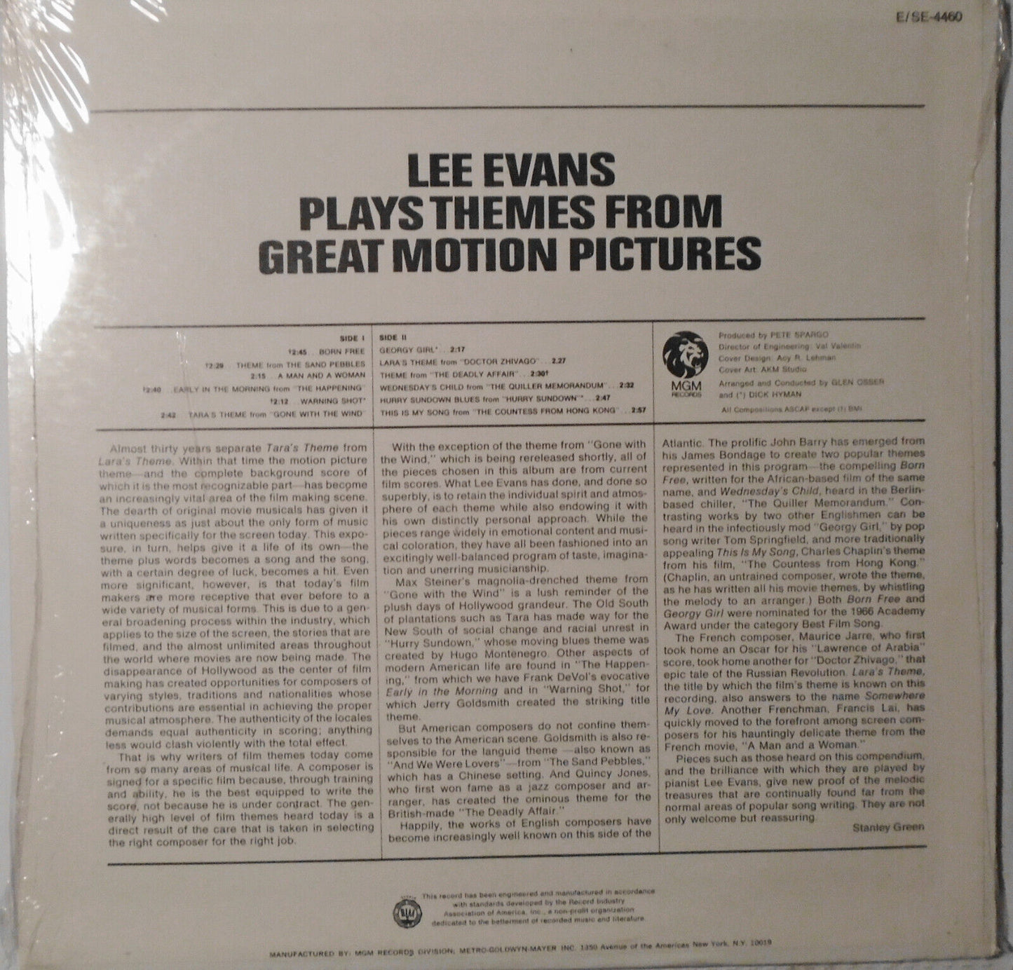 Lee Evans Plays Themes From Great Motion Pictures LP - E-4460 - **SEALED, NEW**