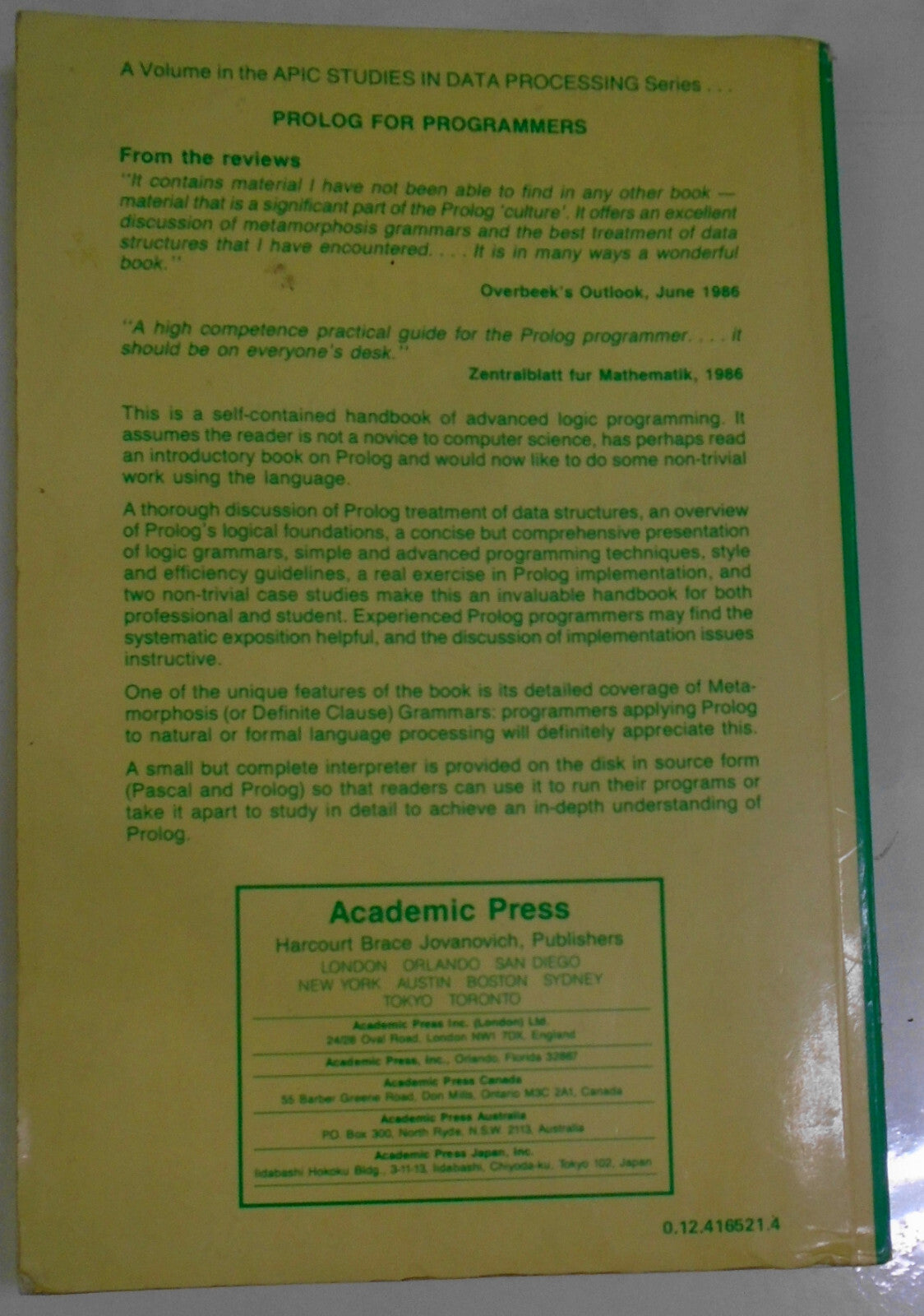 Prolog for programmers by Feliks Kluźniak, Stanisław Szpakowicz. 1987 softcover