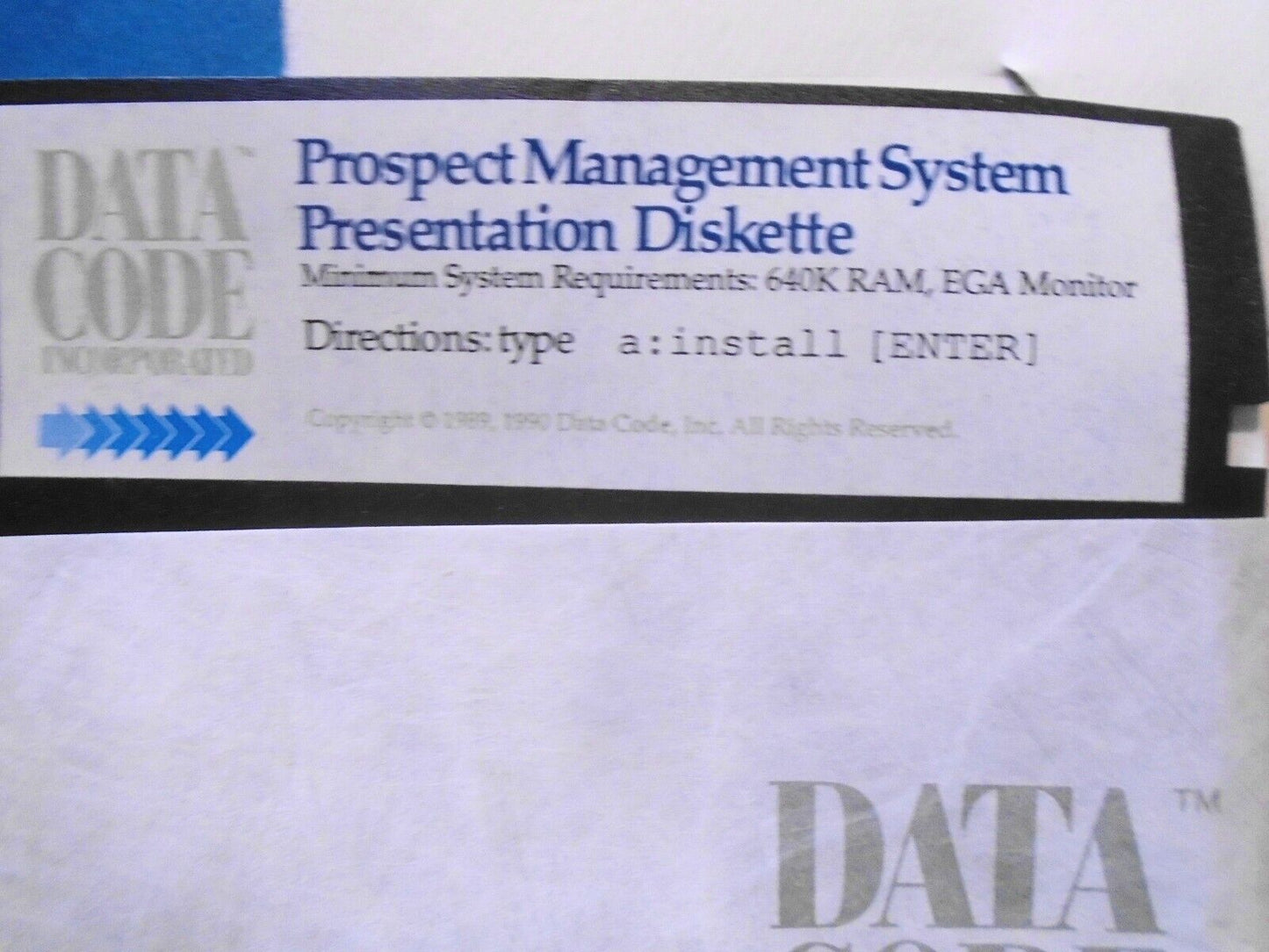 Data Code Prospect Management system. 1990 Demo Program for IBM PCs, 5 1/4".
