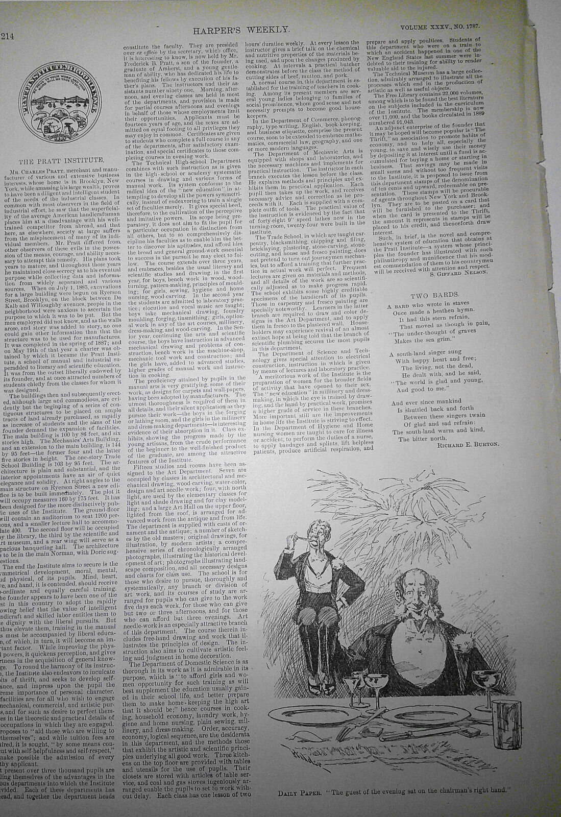 Pratt Institute, Brooklyn, NY. Harper's Weekly, March 21, 1891. Original Print