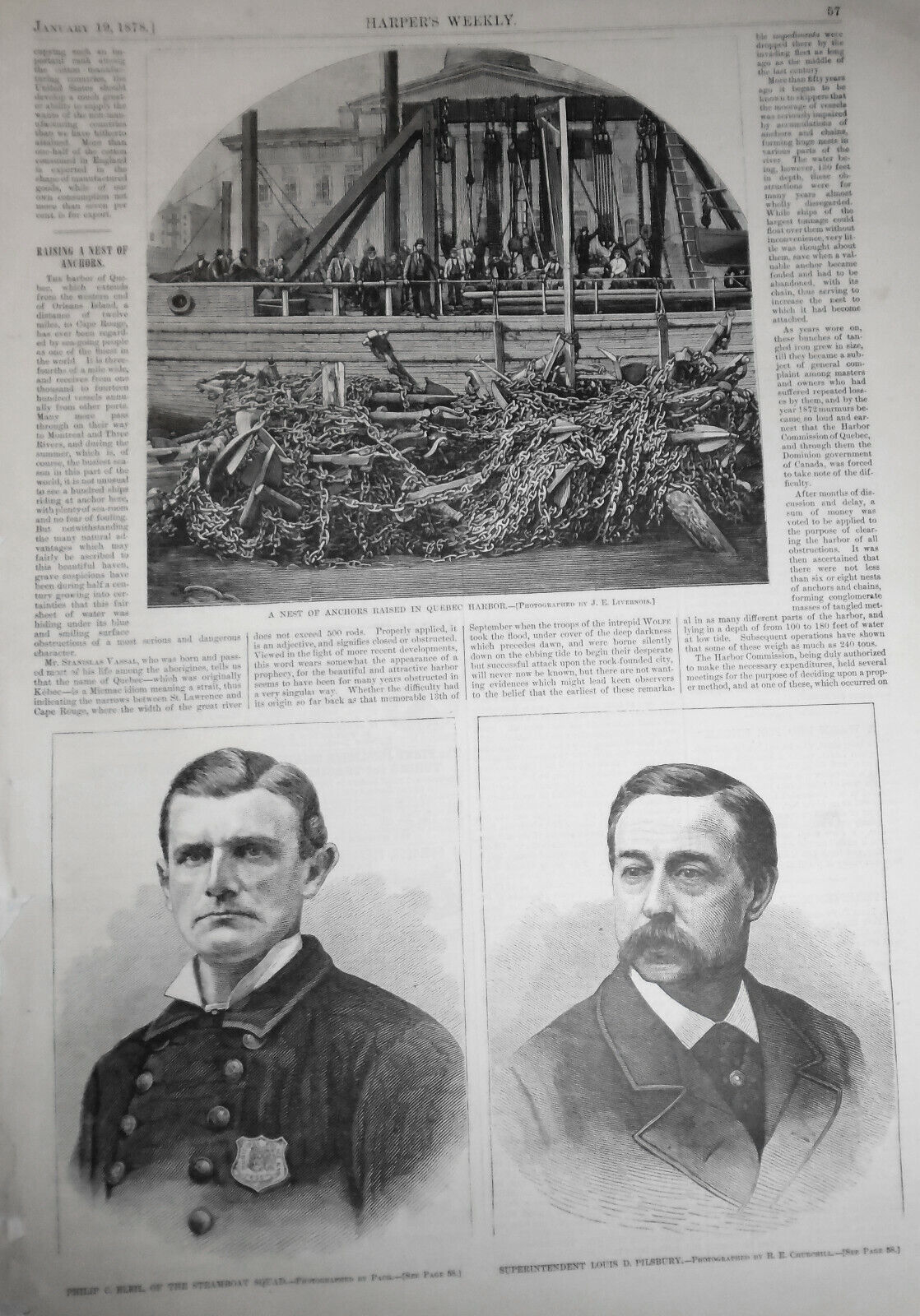 Raising a nest of anchors in Quebec Harbor - Harper's Weekly, January 19, 1878