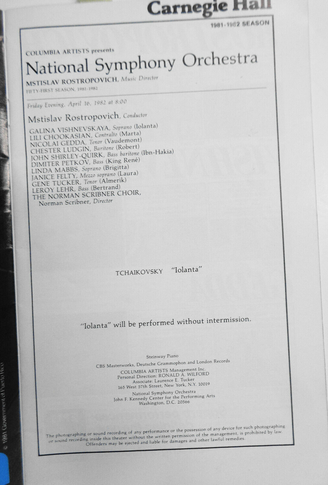 NATIONAL SYMPHONY ORCH - STAGEBILL 1982 Rostropovich, Vishnevskaya, Chookasian