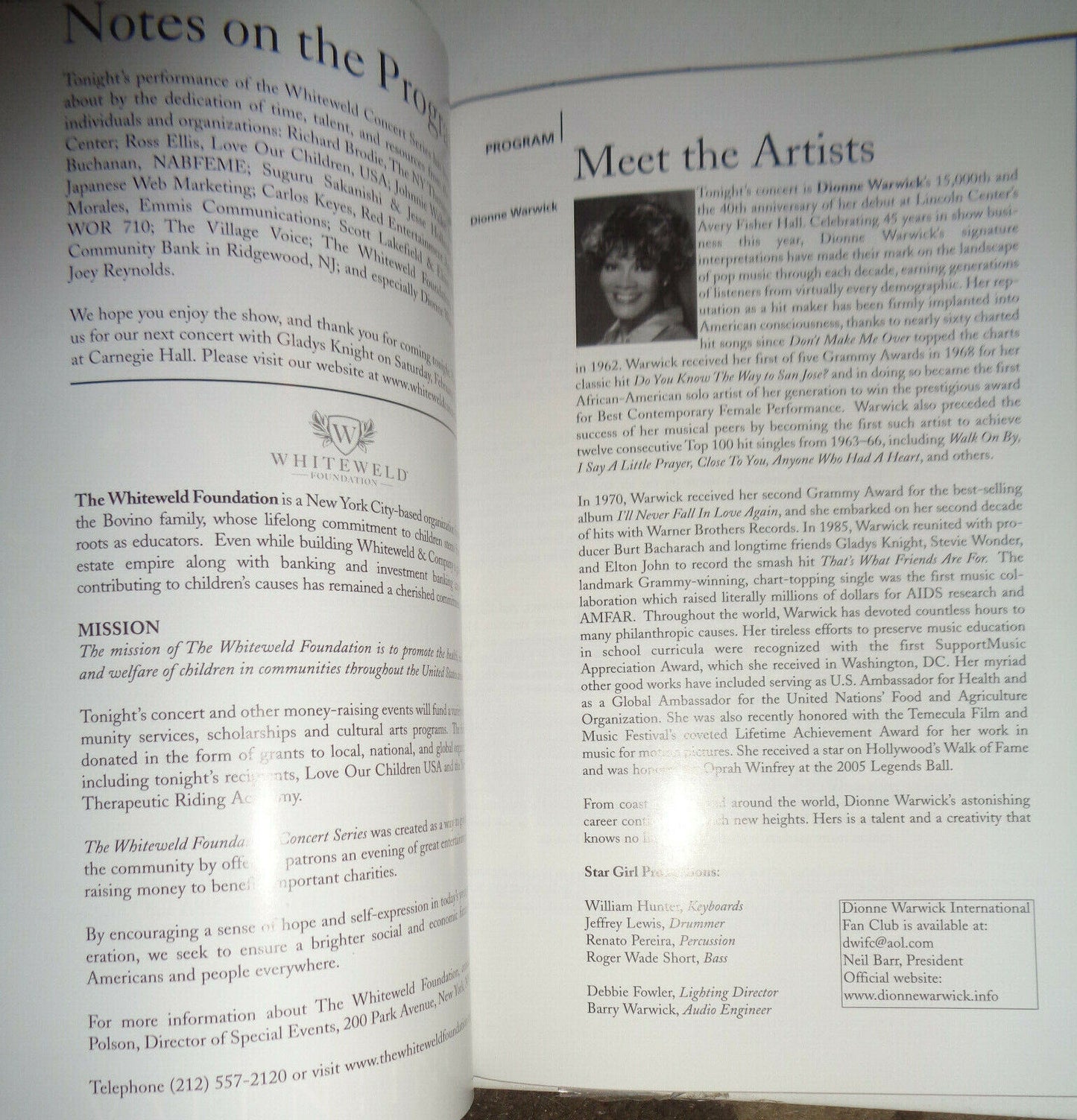 DREAM CONCERT SERIES: DIONNE WARWICK - PLAYBILL - NOV 19, 2006 Lincoln Center NY