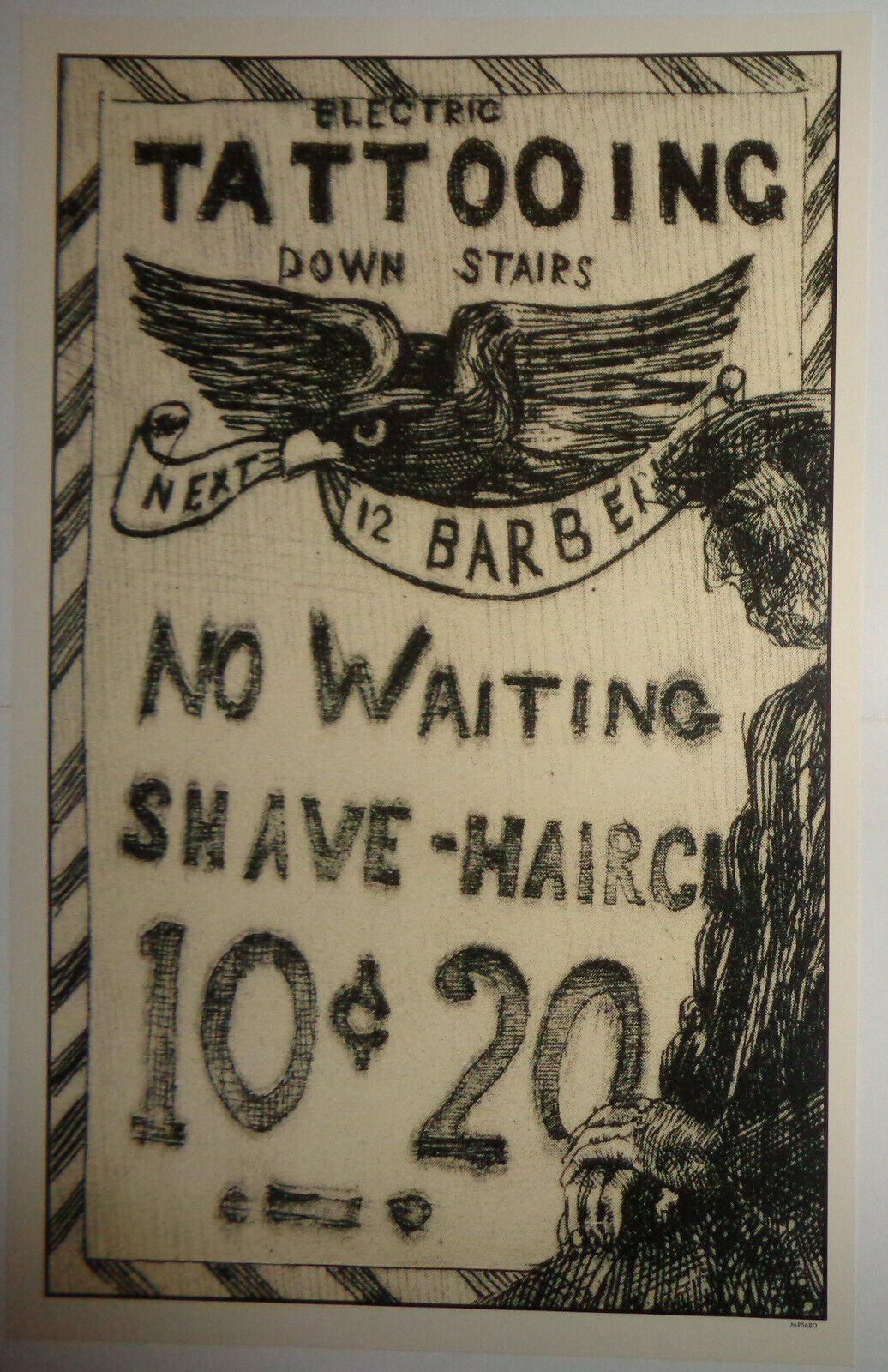 Electric Tattooing Barber Shop Vintage repro Window card Poster - 17"X11"
