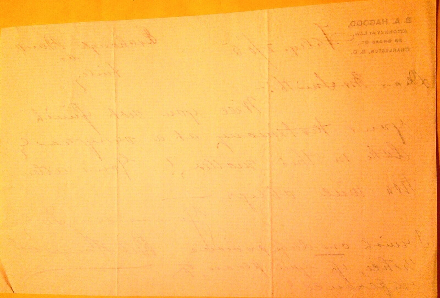 1905 letter - B. A. Hagood, Attorney at law, Charleston, South Carolina