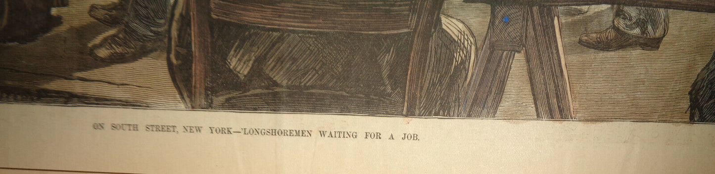 NEW YORK - LONGSHOREMEN WAITING FOR A JOB - Hand-colored Harper's Weekly, 1881