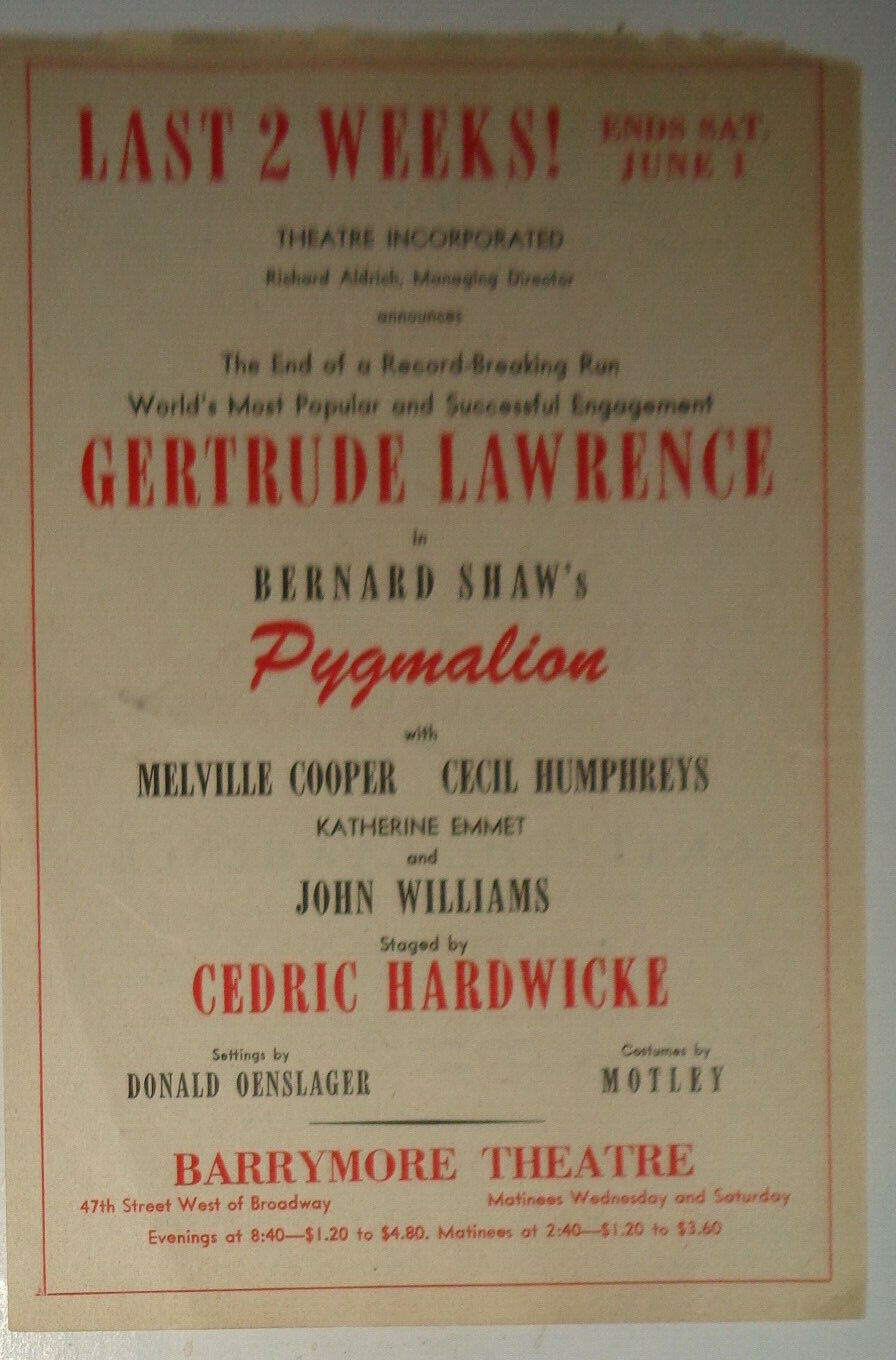 Gertrude Lawrence in Pygmalion - Barrymore Theatre, NYC - 1946 - Flyer
