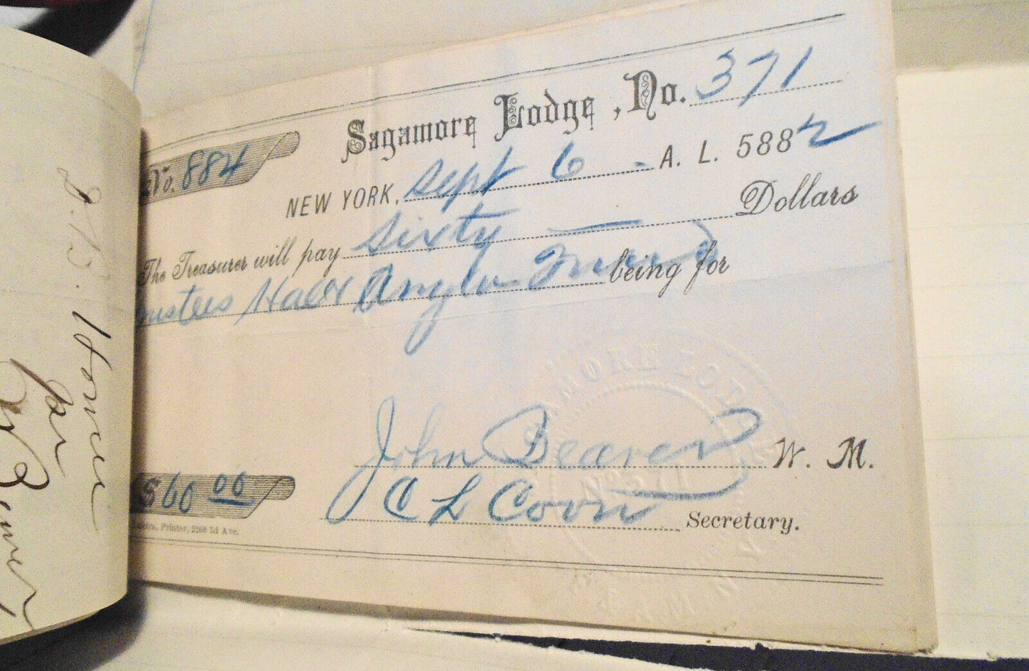 1882 Twenty-four original handwritten receipts - Masonic Sagamore Lodge New York