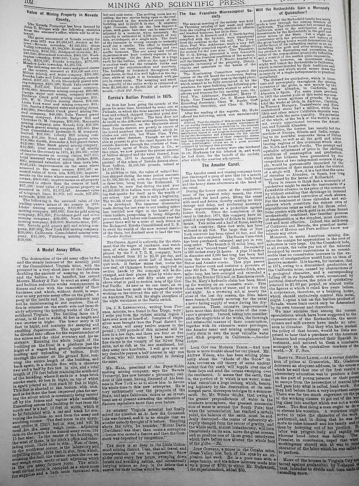 Mining and Scientific Press Feb 12, 1876. Edison's "New Force"; Mining Debris...