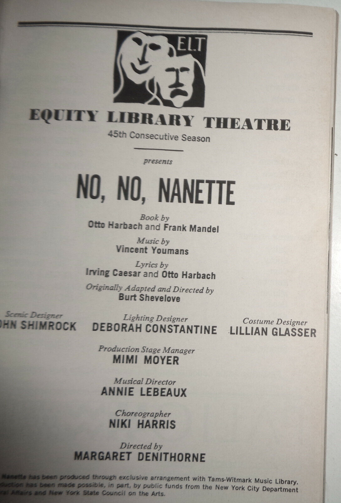 NO, NO, NANETTE - PLAYBILL - MAY 1988 EQUITY LIBRARY THEATRE, 1988.