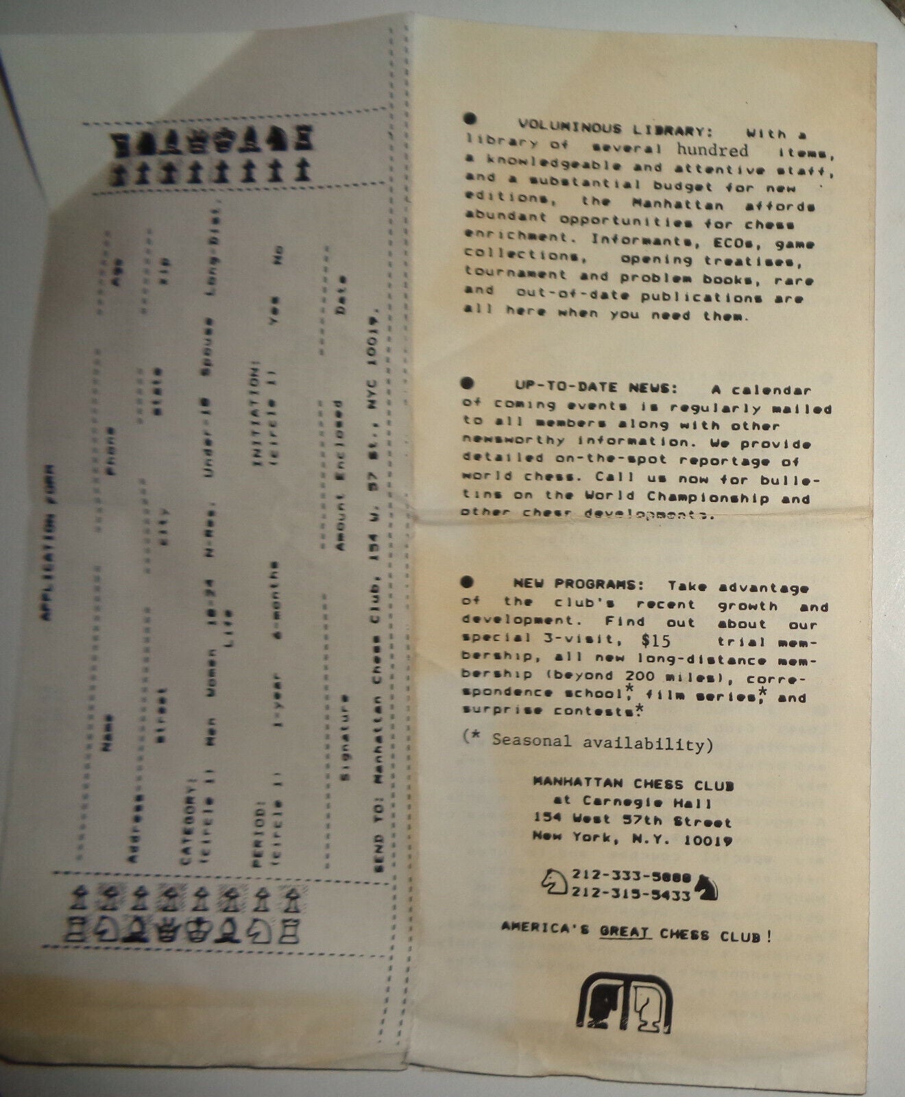 Manhattan Chess Club, at Carnegie Hall - 1980s Membership Application /Promotion