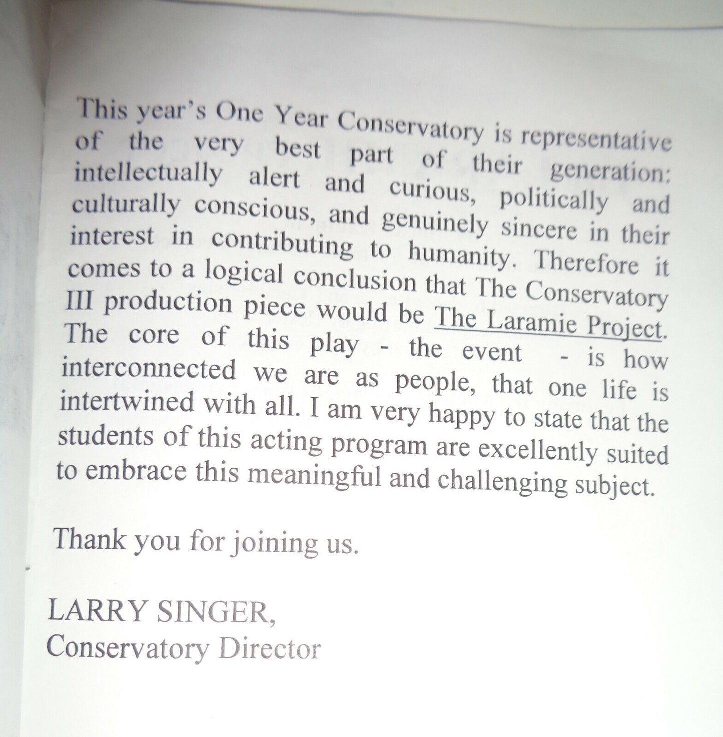 THE LARAMIE PROJECT - Program - Michael Howard Studios Conservatory Class 2005