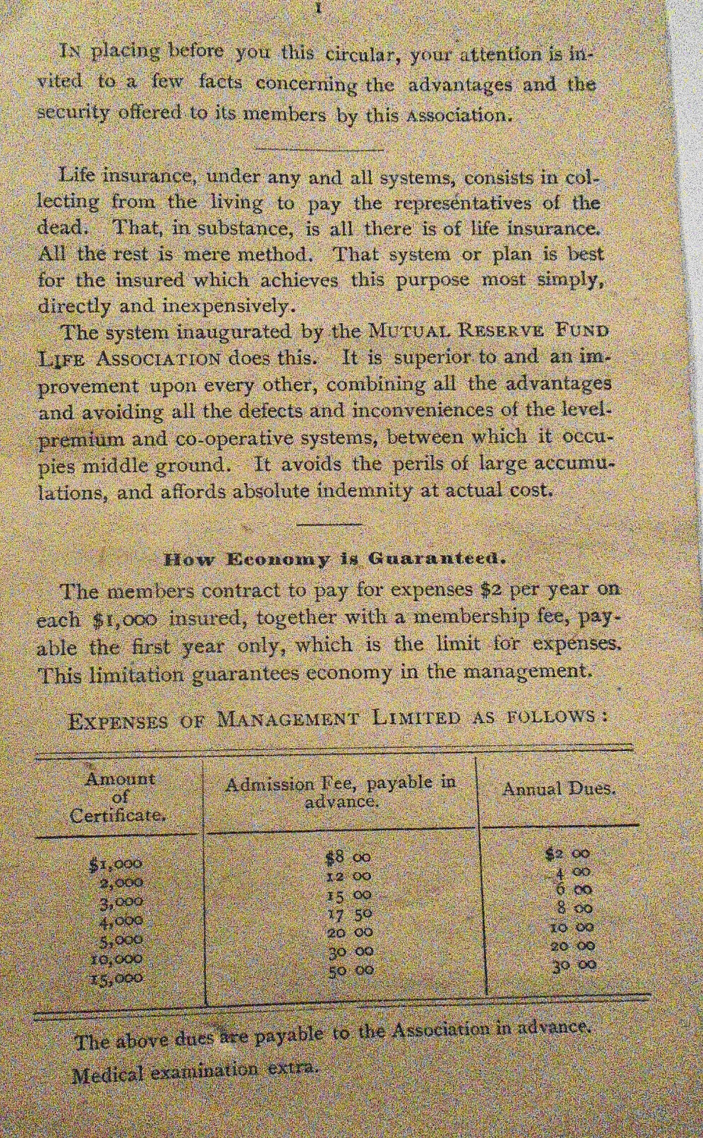 FACTS - Mutual Reserve Fund Life Association New York, 1884 Advertising circular